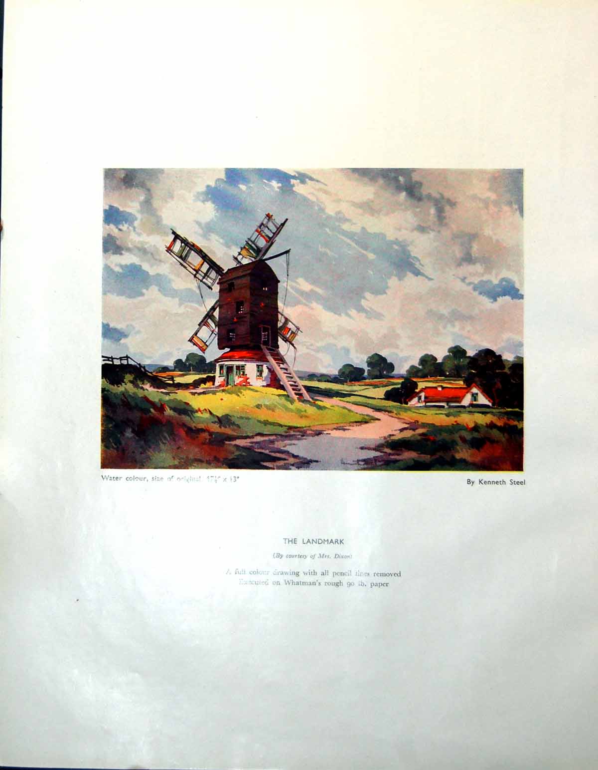 Old Print Landmark Kenneth Steel Windmill Richmond Castle Yorkshire 1947 20th