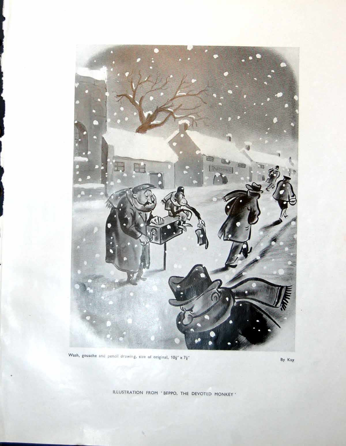 Old Vintage Print Illustration Beppo Kay Monkey Street Scenes Snow 1947 20th