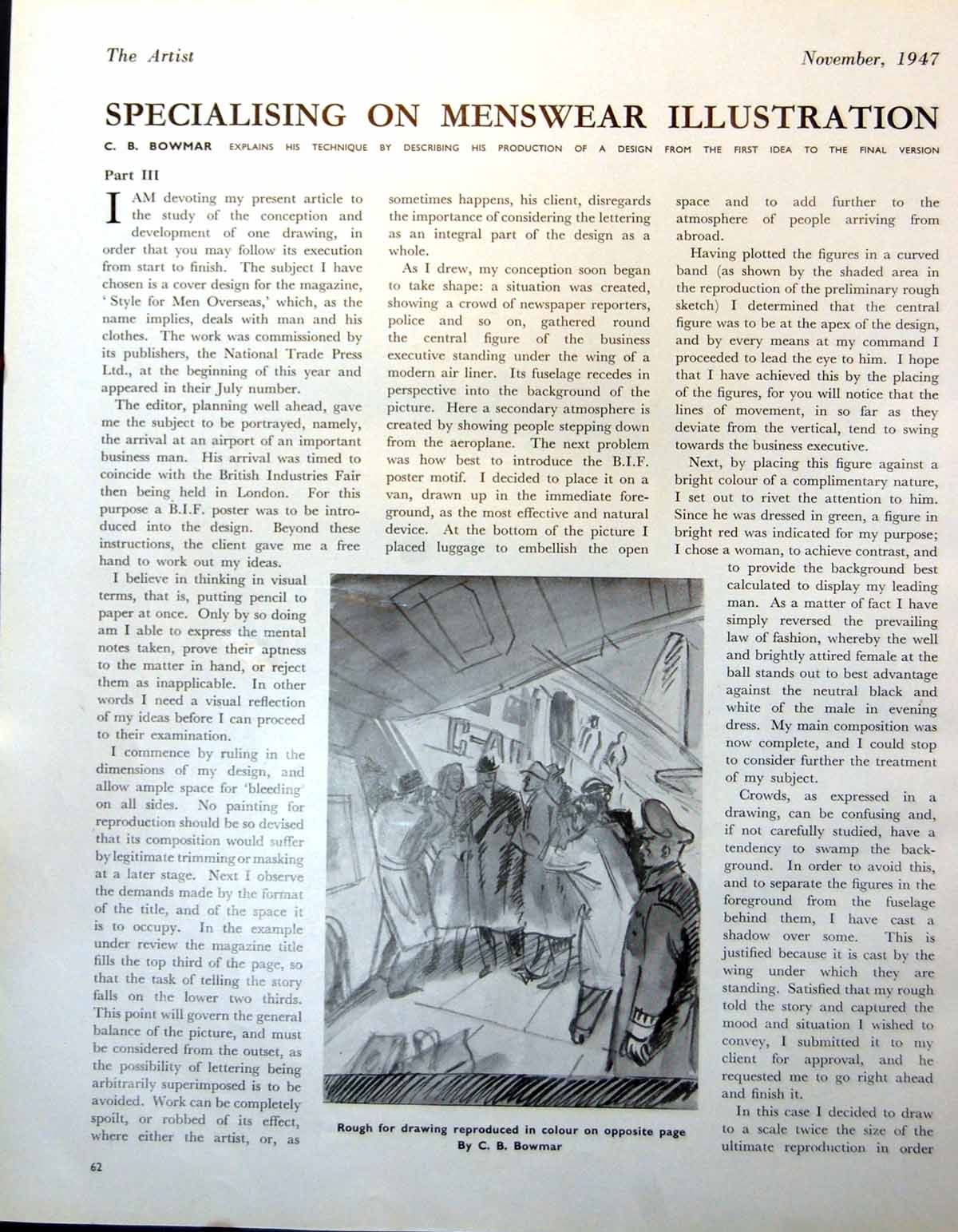 Old Print Rough Sketch People Boarding Aircraft Aeroplane Cb Bowmar 1947 20th
