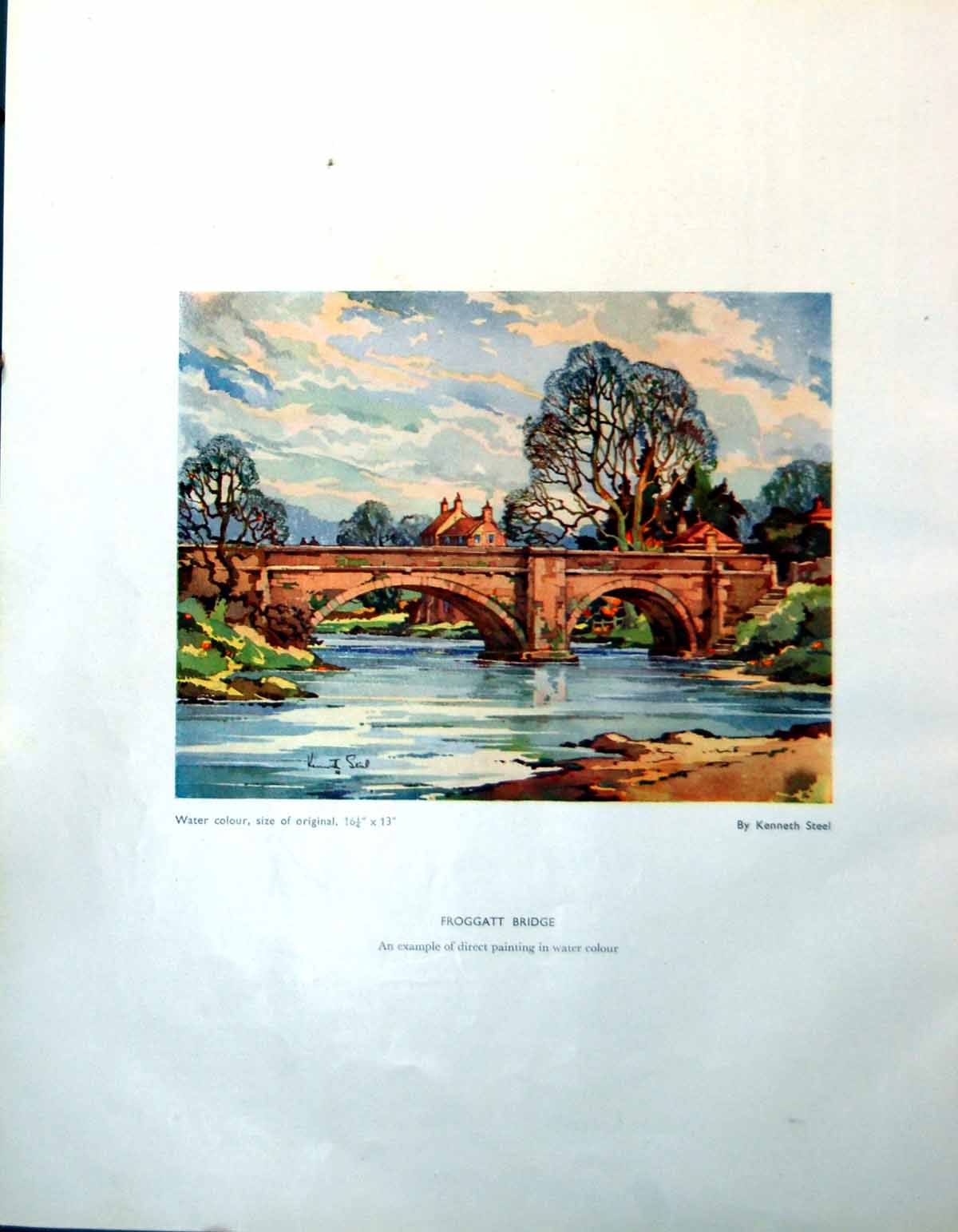 Antique Old Print Froggatt Bridge Kenneth Steel Buildings Street Scene 1947