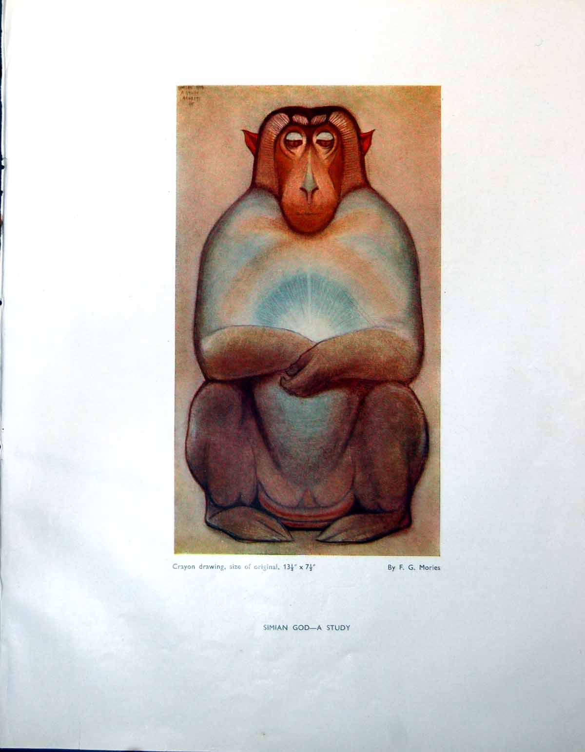 Old Vintage Print Simian God A Study Fg Mories From Crayon Drawing 1947 20th