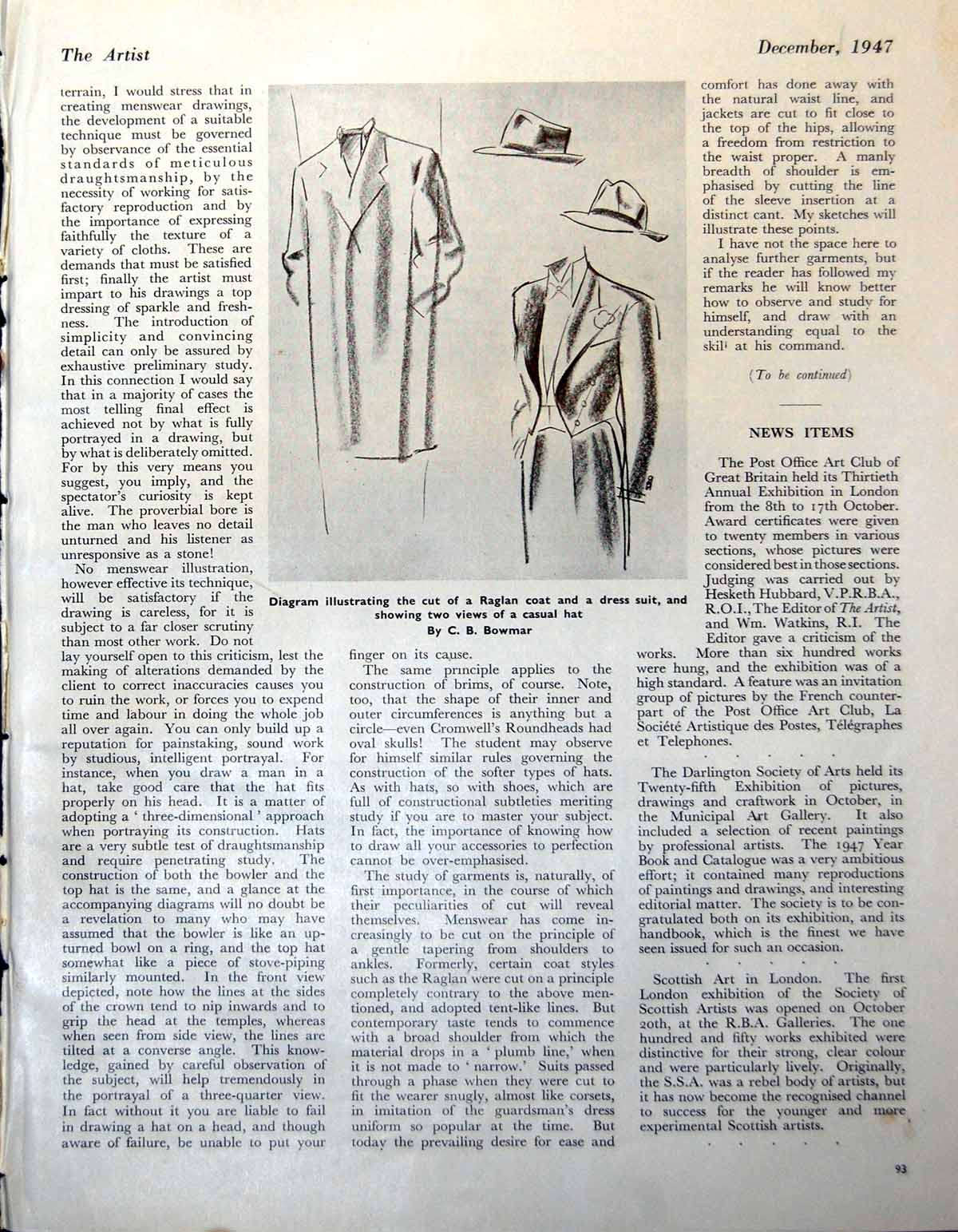 Antique Old Print Raglan Coat Dress Suit Hats Cb Bowmar Scraperboard 1947 20th