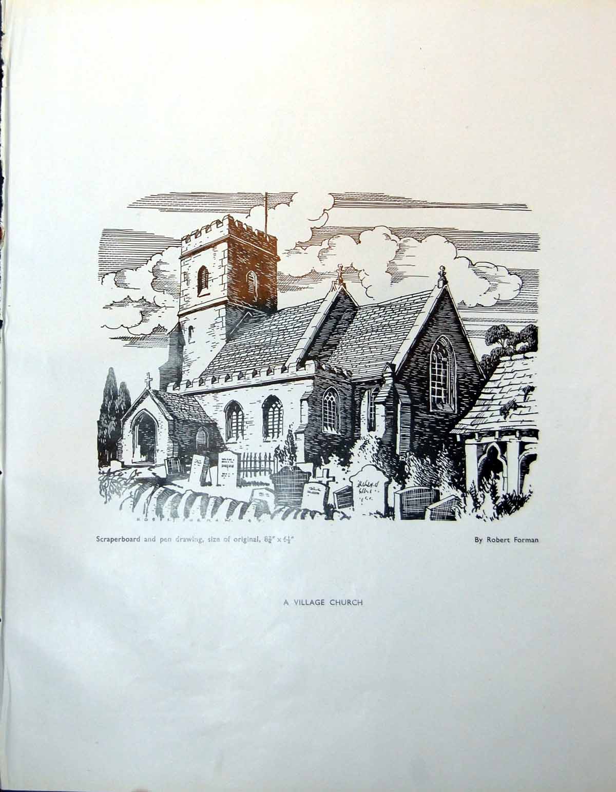 Antique Print Village Church Robert Forman Steelwork Advert T Poulten 1948