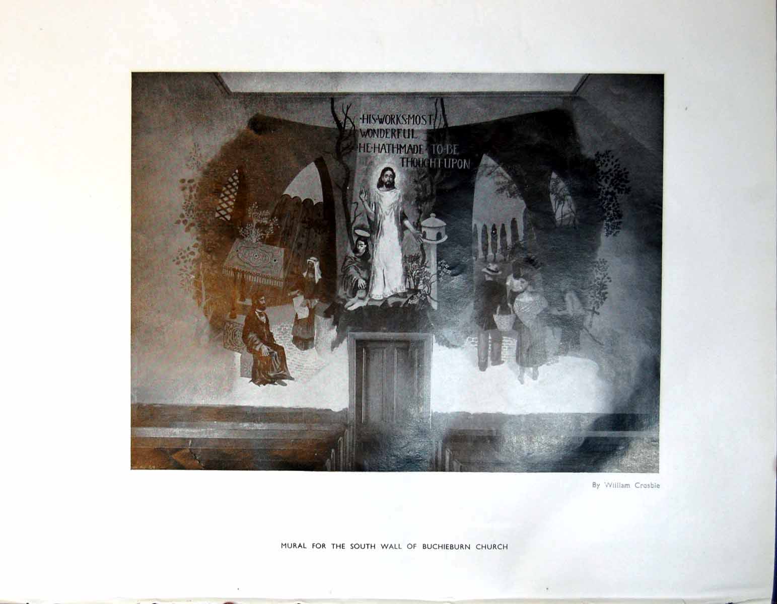 Antique Old Print Mural S Wall Buchieburn Church W Crosbie Scraperboard 1948