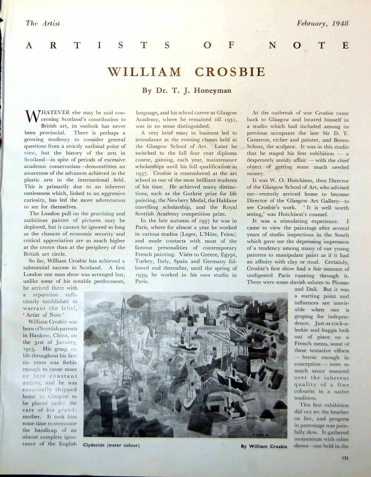 Antique Print Clydeside William Crosbie Gordon Inverary Church Trees 1948 20th