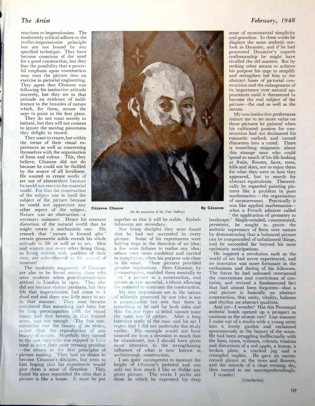Antique Old Print Cezanne Chauve By Cezanne In Possession Tate Gallery 1948