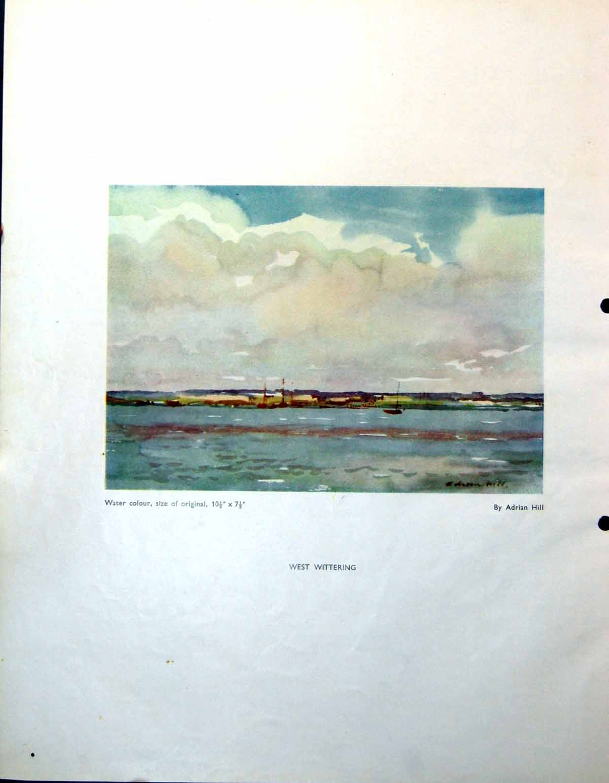 Antique Print West Wittering Adrian Hill The Estuary Boats Water Sky 1948 20th