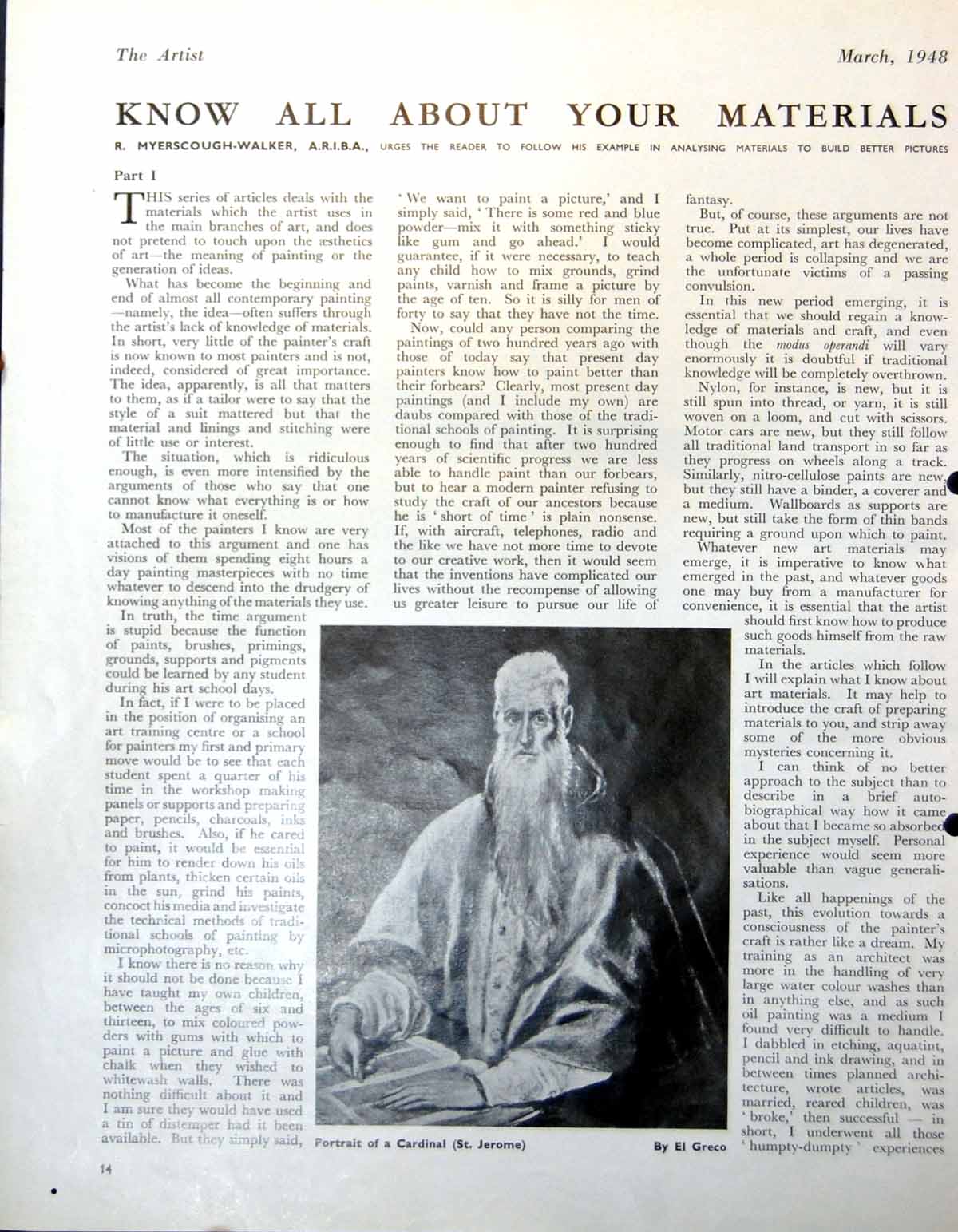Original Old Vintage Print Portrait Cardinal St. Jerome El Greco 1948 20th