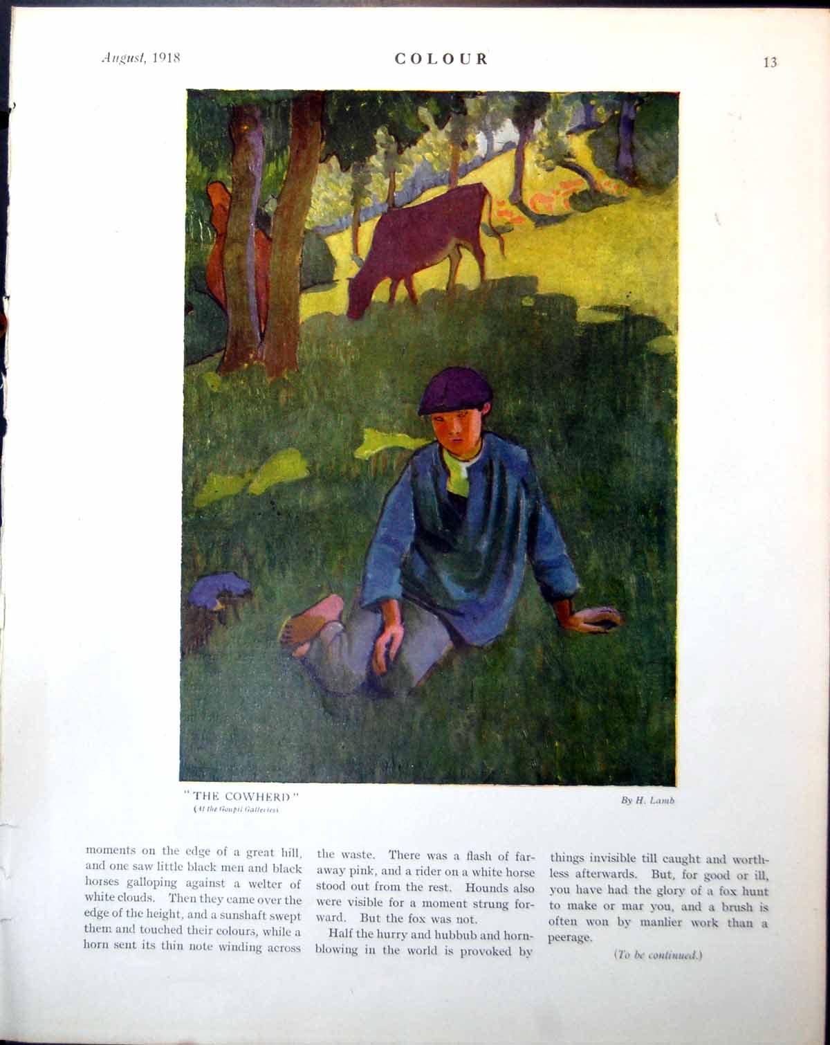 Old Print Cowherd H Lamb Boy Field Lancashire Fusilier E Kennington 1918 20th