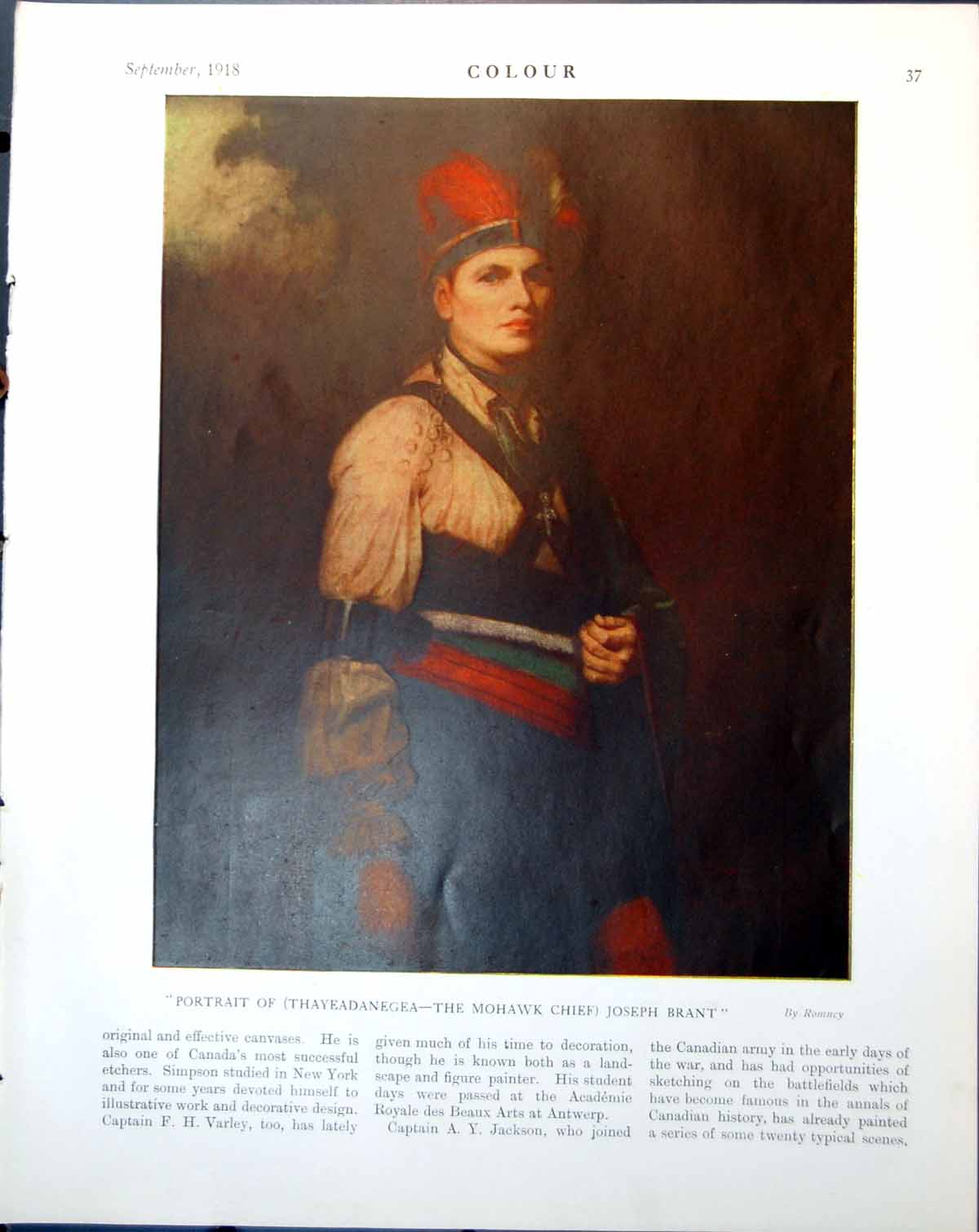Old Print Thayeadanegea Mohawk Chief J Brant Romney Siers War A John1918 20th