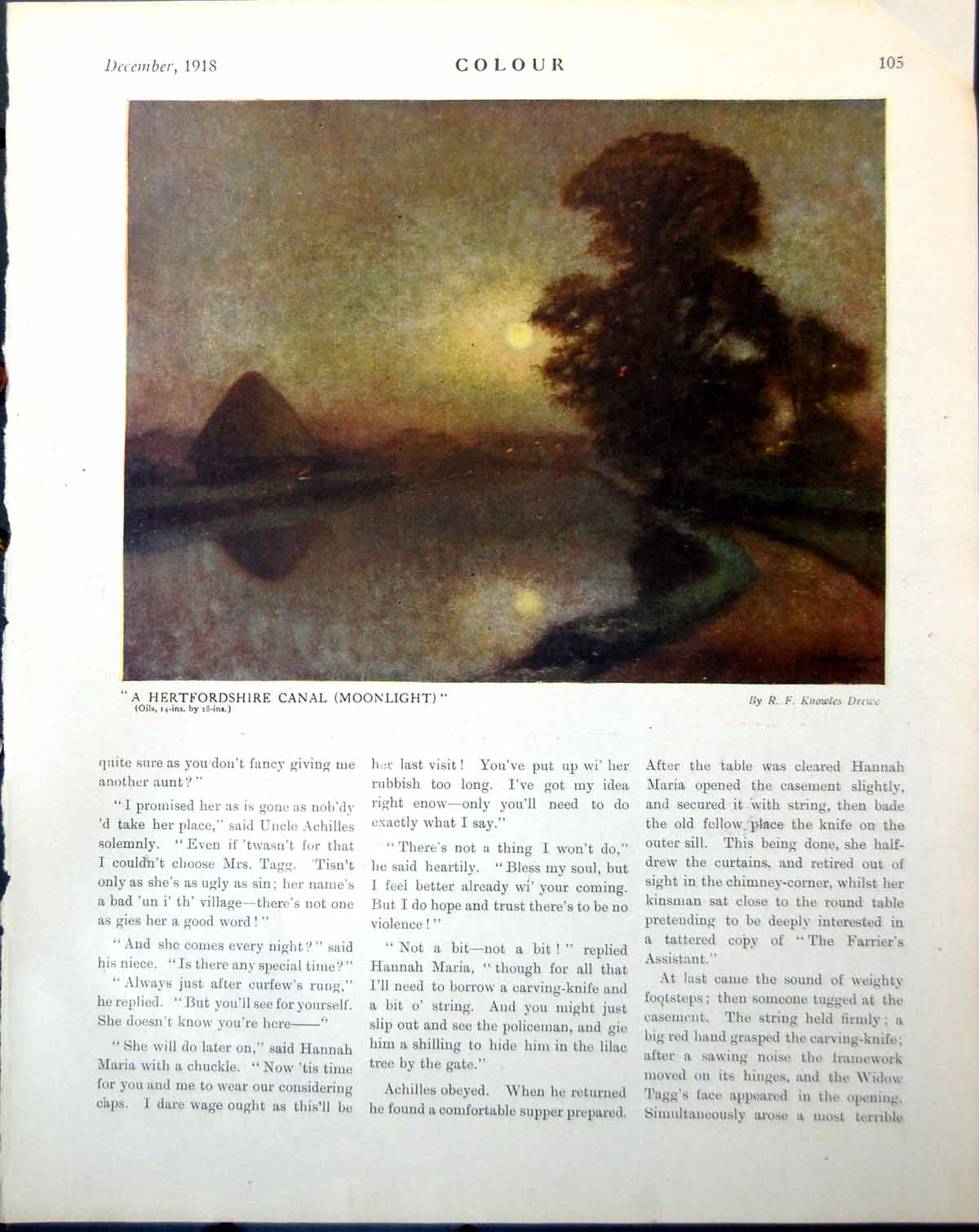 Antique Print Hertfordshire Canal Moonlight K Drewe Boulogne Nevinson 1918 20th