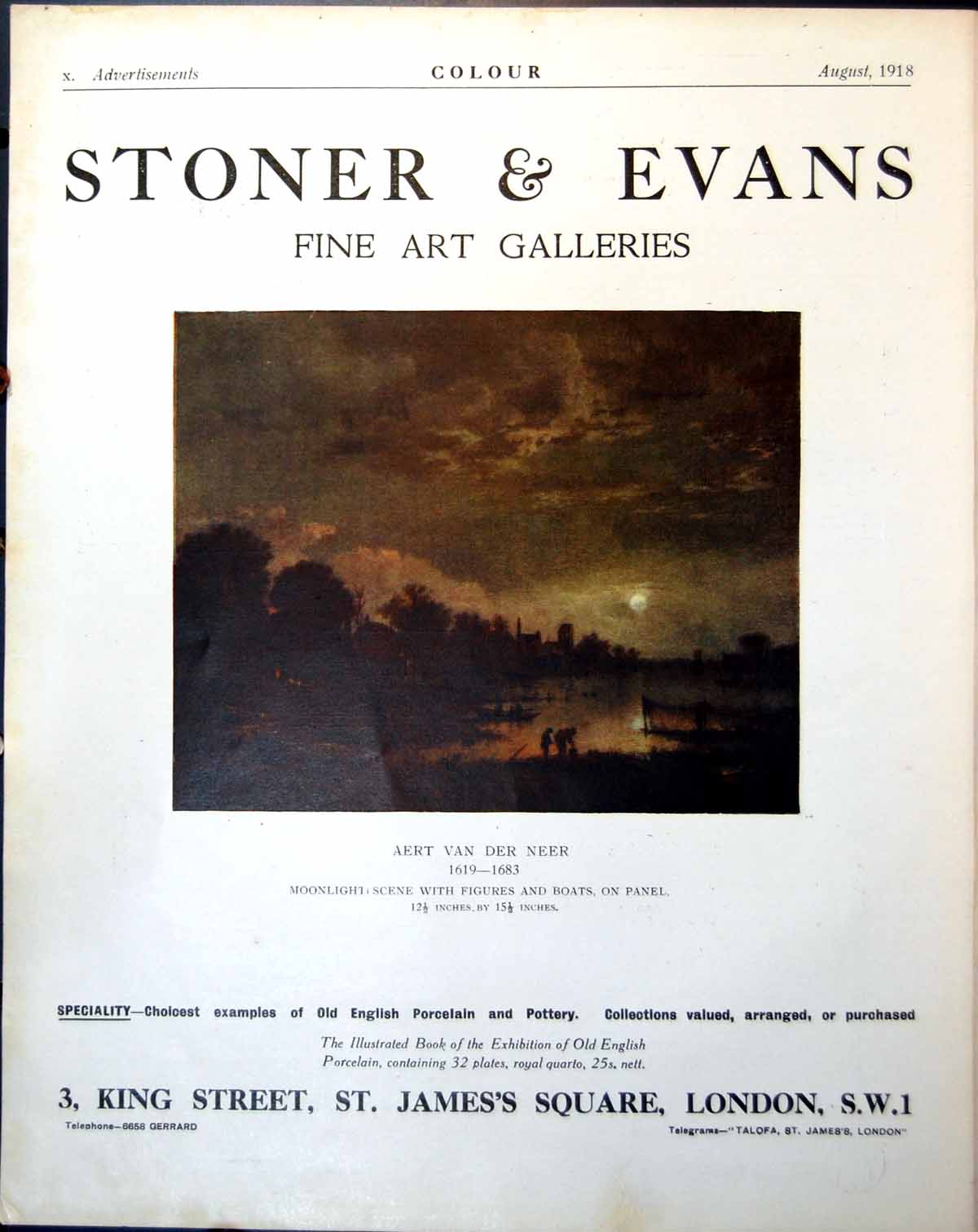 Old Stoner & Evans Aert Van Der Neer Moonlight Scene Figures Boats 1918 20th
