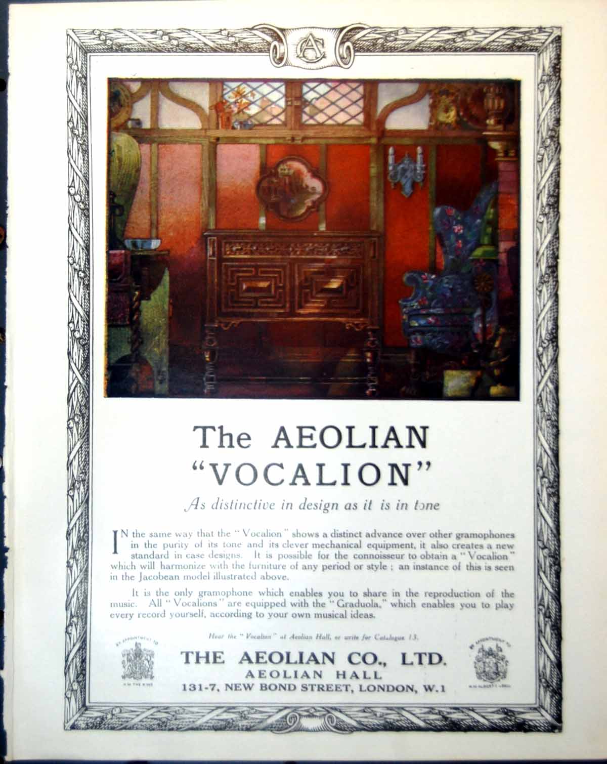 Antique Print Aeolian Vocalion Gramophone Case Distinctive Design Tone 1918