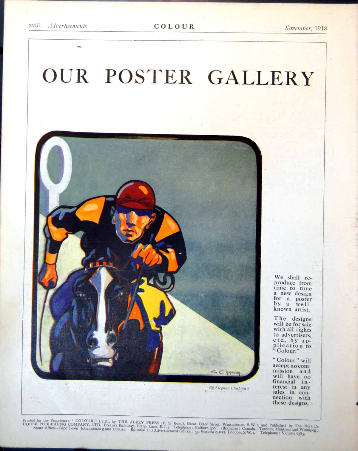 Antique Old Print Poster Gallery Jockey Horse Whip Reins Stephen Chapman 1918