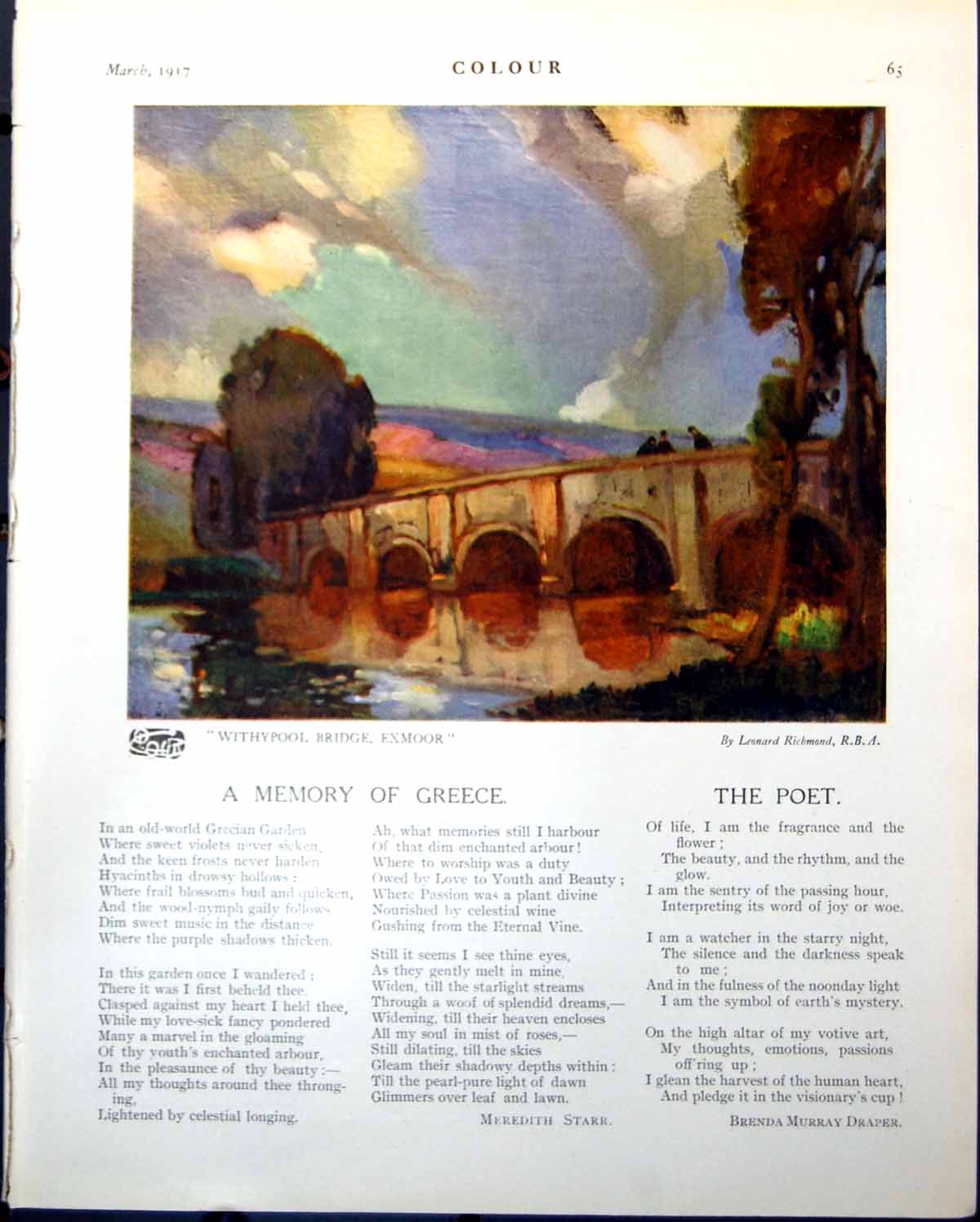 Original Old Vintage Print Withypool Bridge Exmoor Leonard Richmond 1917 20th