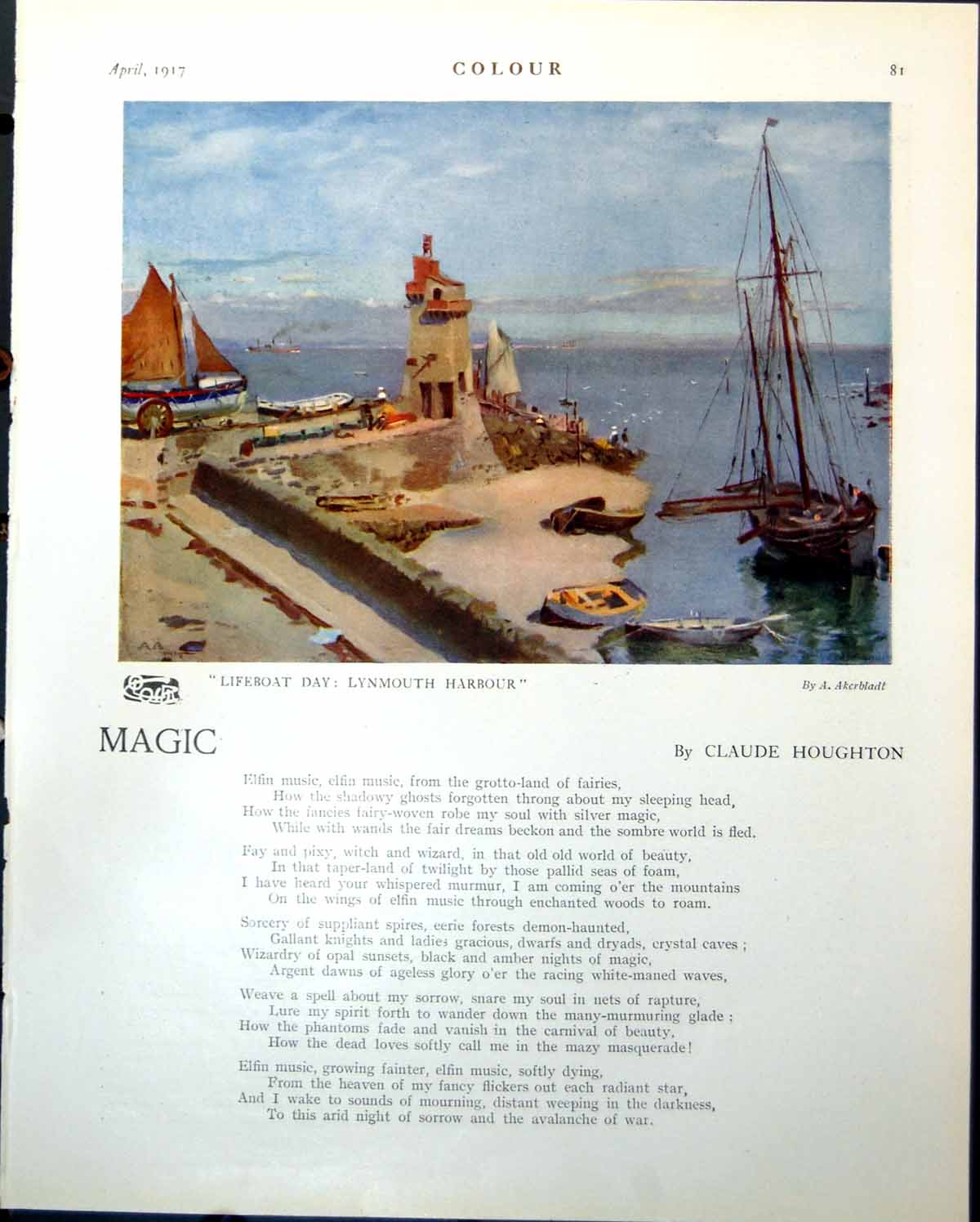 Old Print Lifeboat Day Lynmouth Harbour A Akerbladt Toys A Warren Dow 1917 20th