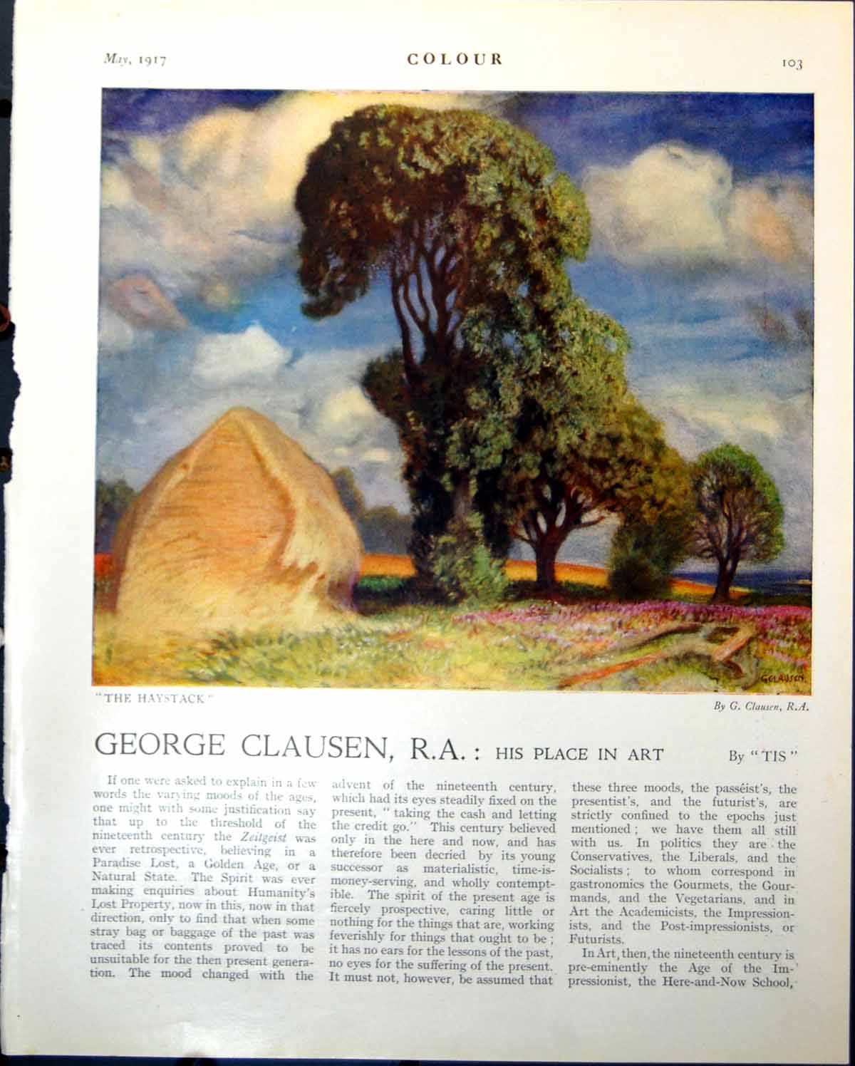 Antique Old Print Haystack G Clausen Italian Town Benvenute Disertori 1917 20th
