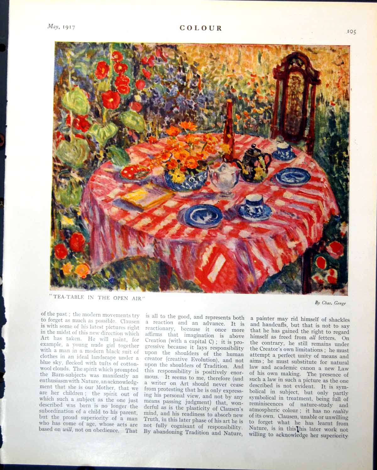 Antique Print Tea Table In Open Air Chas Genge Mixed Bouquet F Porter 1917 20th