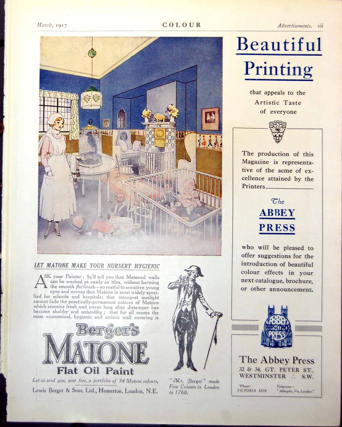 Old Print Bergers Matone Flat Oil Paint Nursery Hygienic Abbey Press 1917 20th