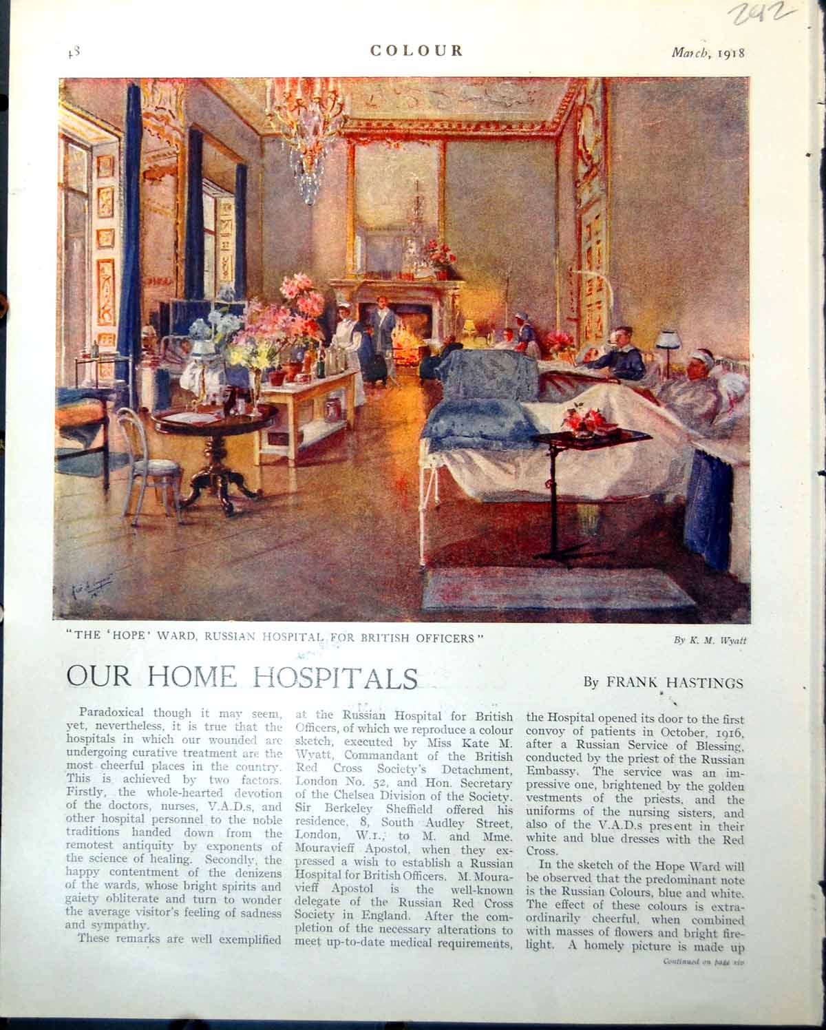 Old Print Ward Russian Hospital British Officers Wyatt Indians Belgium Nash1918