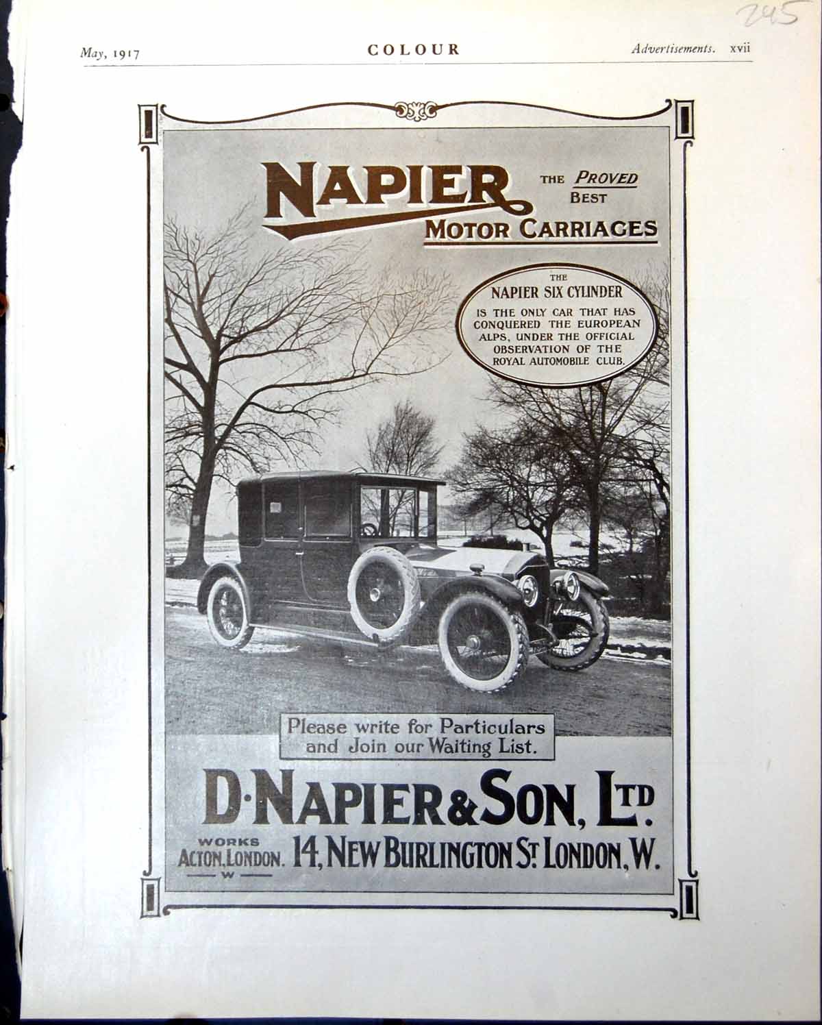 Old Vintage Print Napier Motor Carriages Six Cylinder Conquered Alps 1917 20th