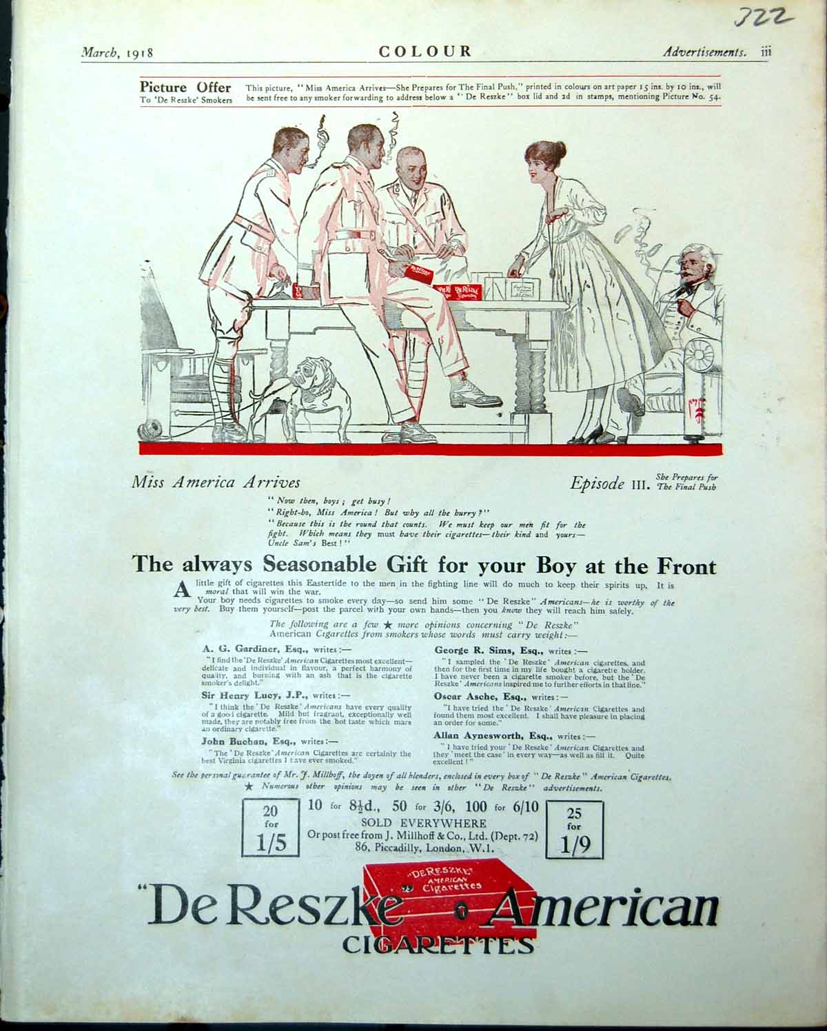 Old De Reszke Garettes Miss America Arrives She Prepares Final Push 1918 20th