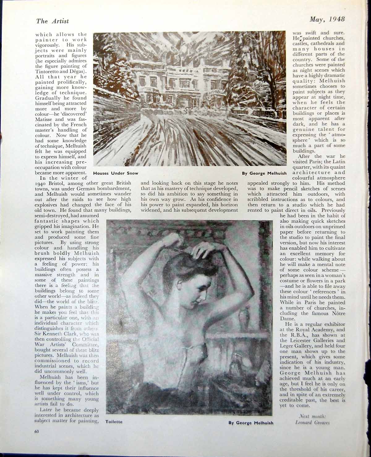 Antique Old Print Houses Under Snow Toilette G Melhuish Belgrave Square 1948 0