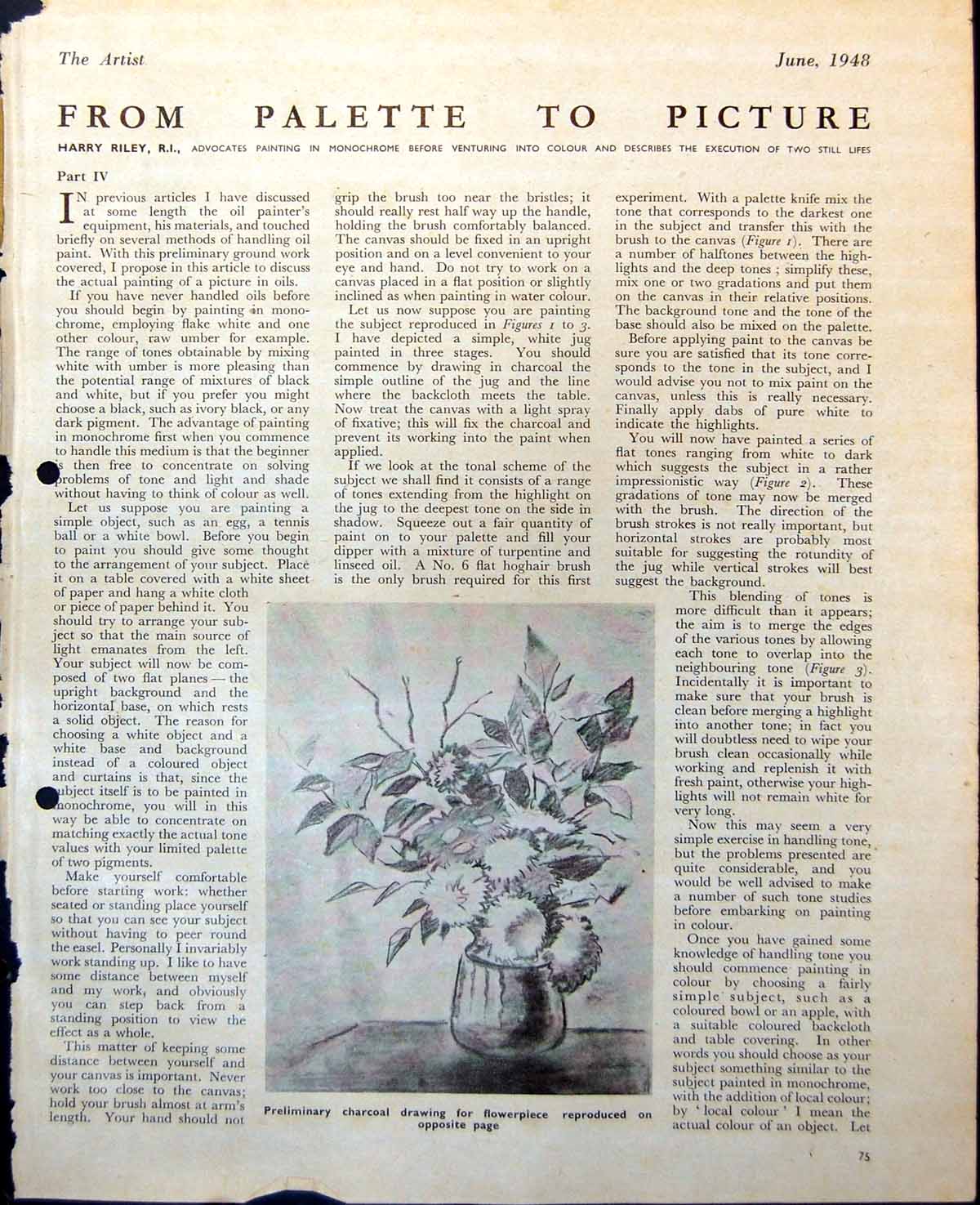 Old Vintage Print Drawing For Flowerpiece Tonal Values Flowers Vase 1948 0 20th