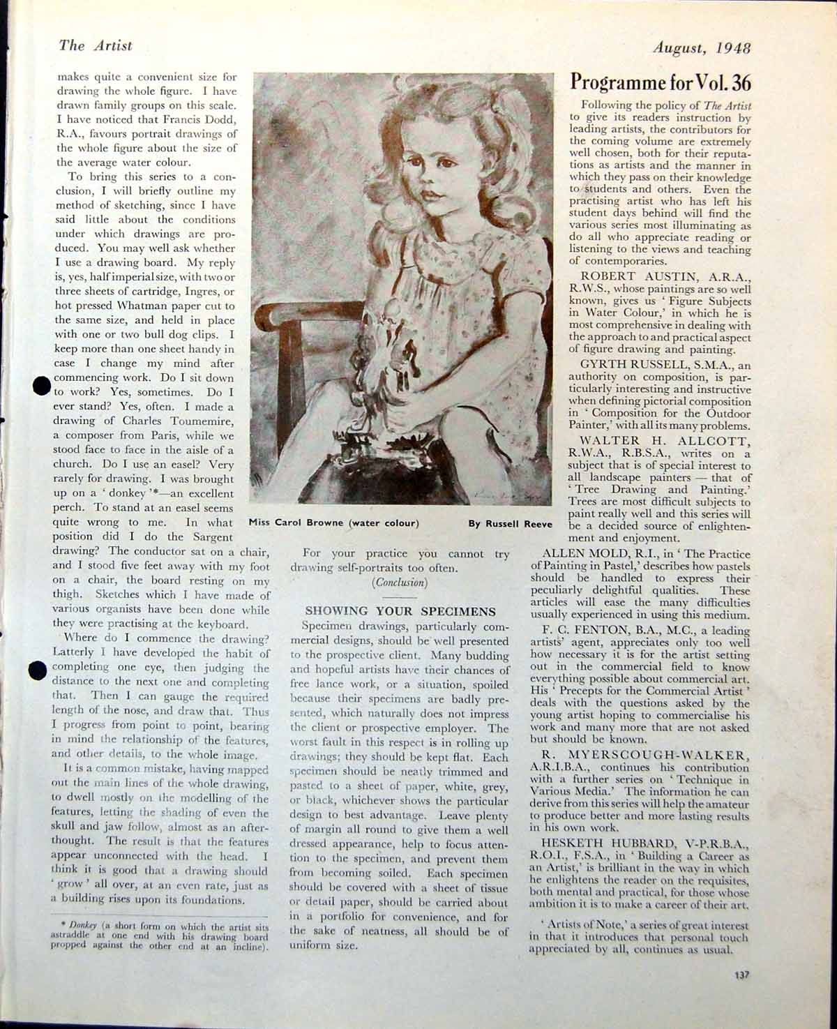Antique Old Print Miss Carol Browne Russell Reeve Seated Child With Toy 1948