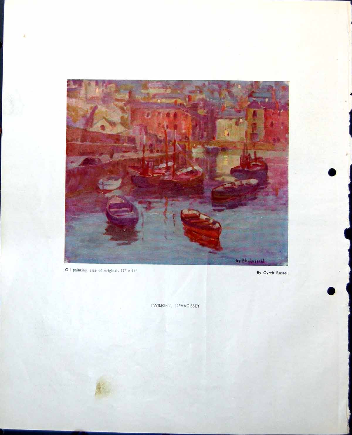 Antique Old Print Twilight Mevagissey Gyrth Russell Boats Composition 1948 0
