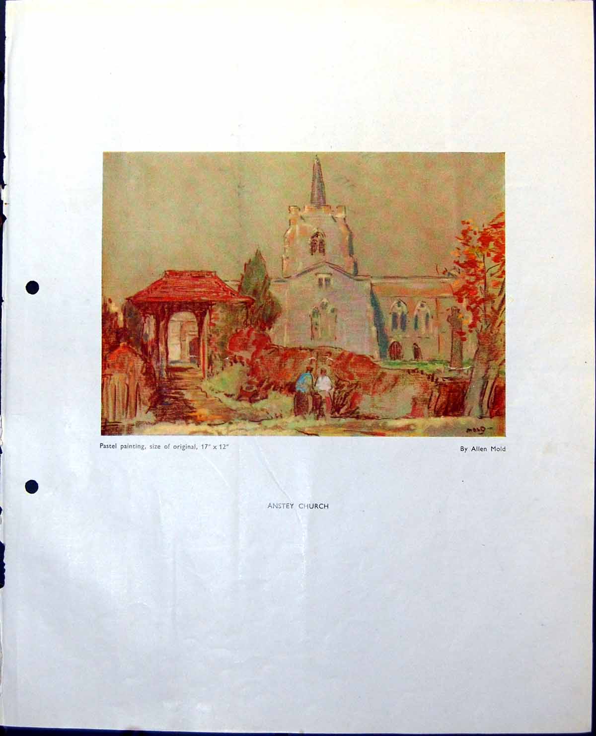 Old Vintage Print Anstey Church Allen MDemonstration Sketch Trees 1948 0 20th