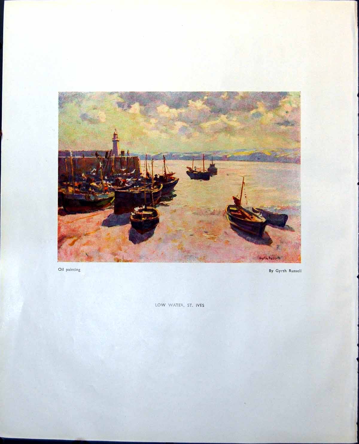 Antique Old Print Low Water St. Ives Boats G Russell Trout Scraperboard 1949