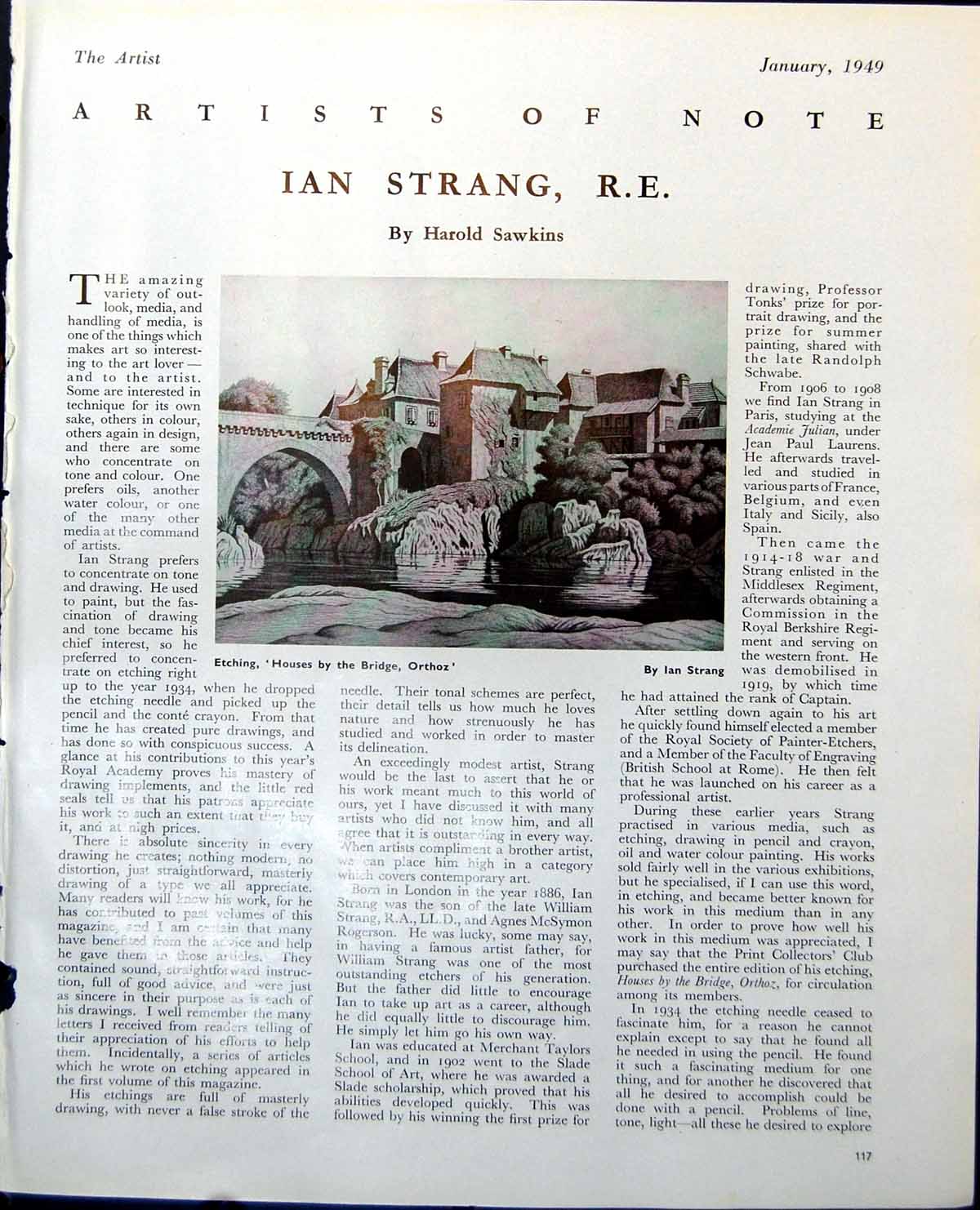 Old Print Houses Bridge Orthoz Ian Strang Bird In Hand Public House 1949 20th