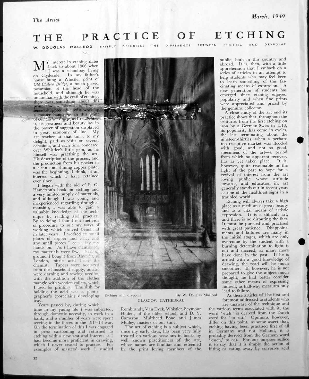 Antique Old Print Damaged Glasgow Cathedral W Douglas Macleod Interior 1949