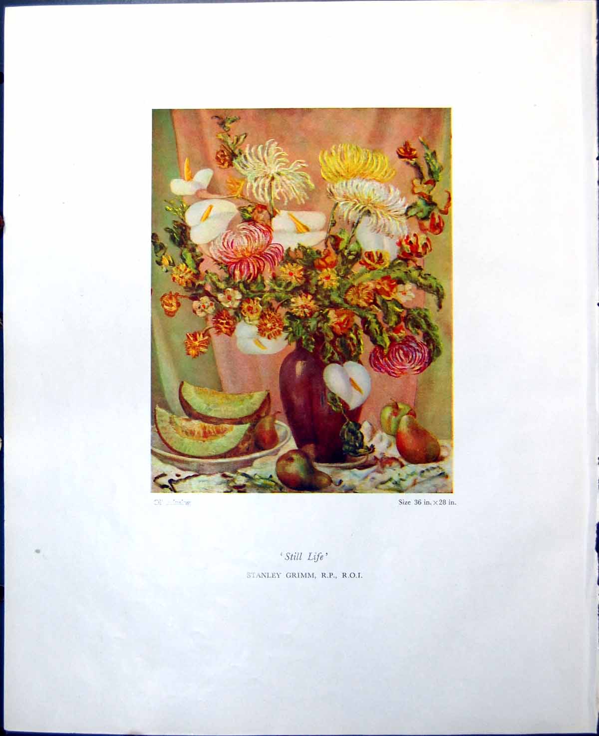 Antique Print Still Life Fruit Flowers Stanley Grimm Roses Vase Table 1949 0