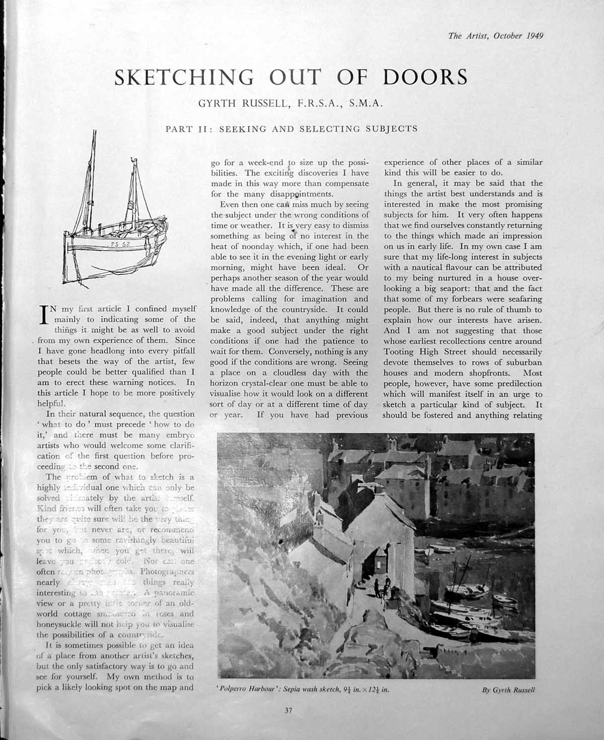 Antique Print Polperro Harbour G Russell Fisherman'S Homes Mevagissey 1949 0