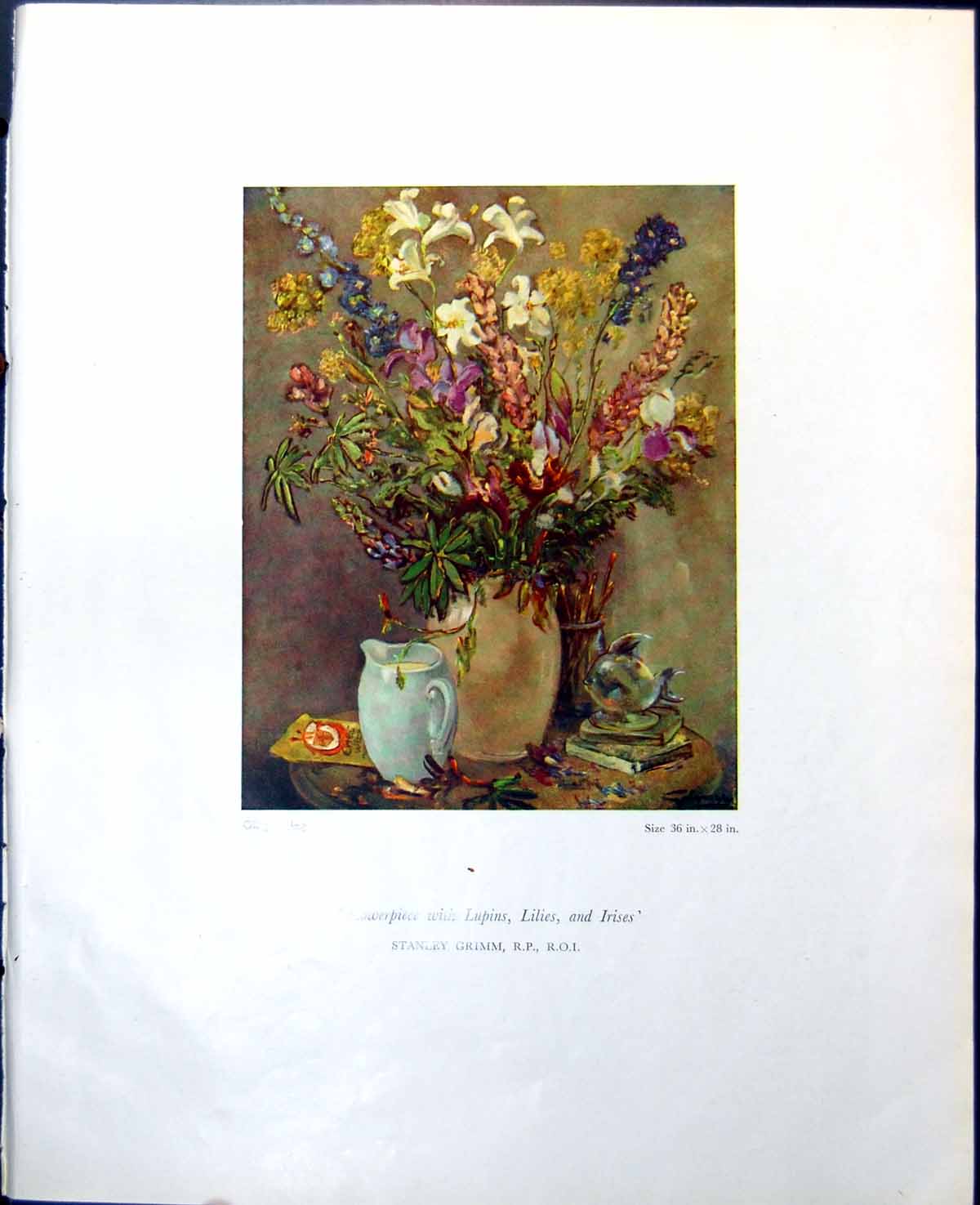 Antique Old Print Flowerpiece With Lupins Lilies Irises Stanley Grimm 1949 20th