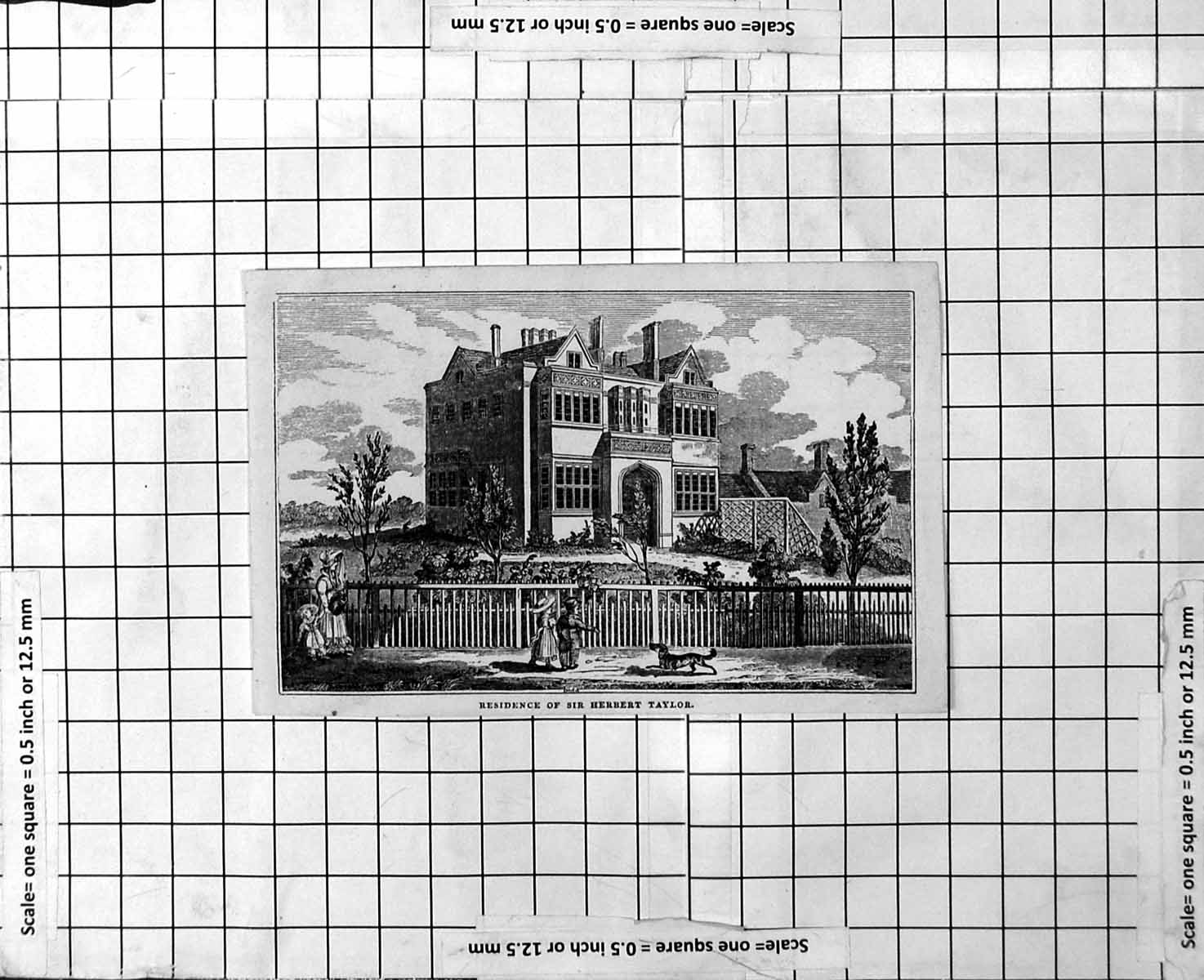 Old Antique Print Residence Sir Herbert Taylor House Family Walking Dog