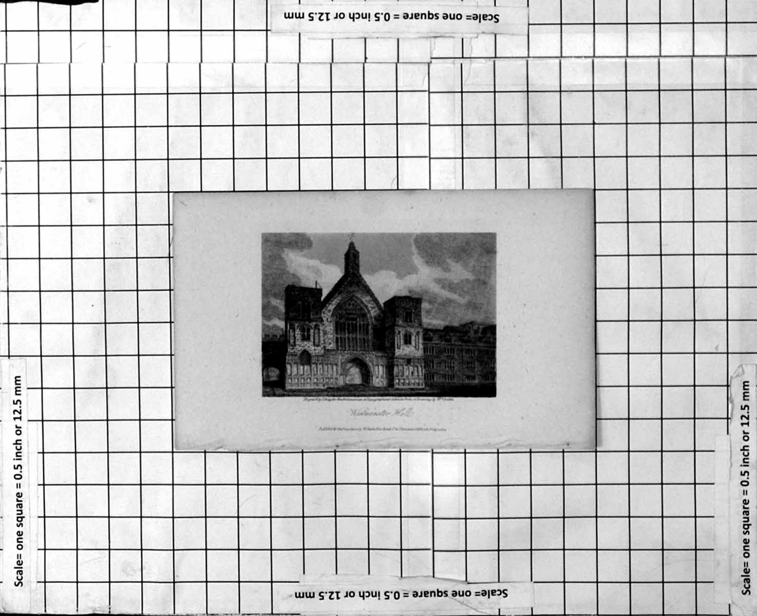 Original Old Antique Print Westminster Hall Towers Arched Doorway Windows