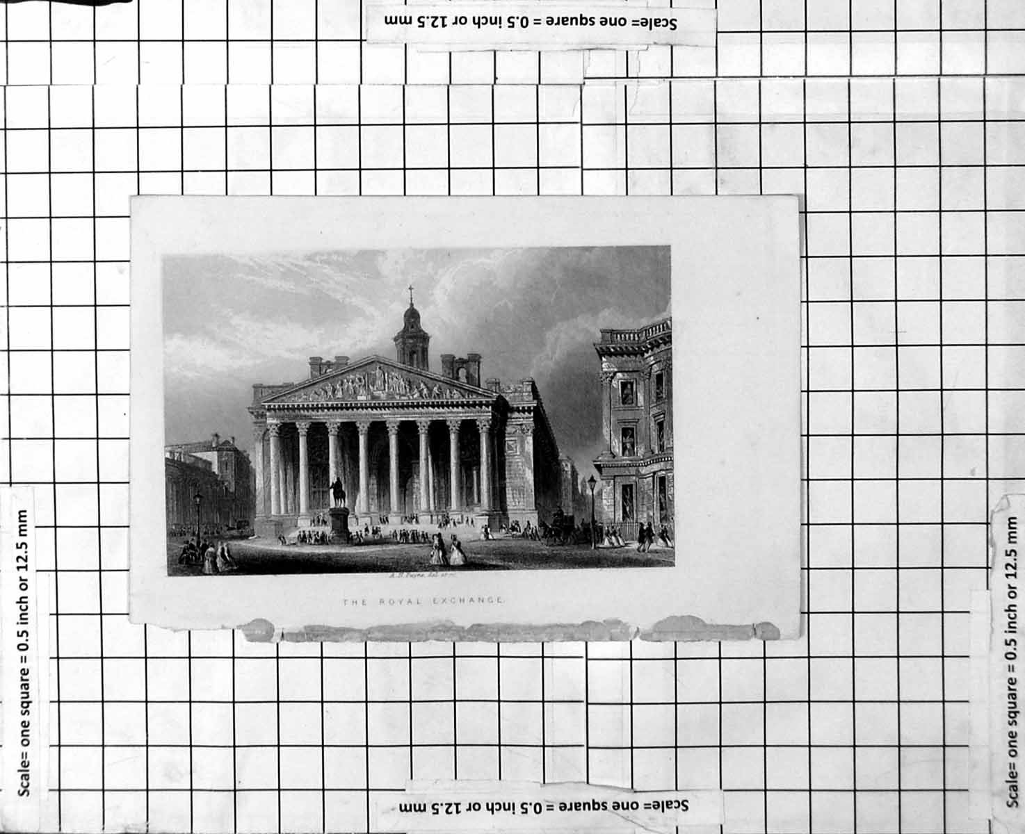 Antique Old Print The Royal Exchange Building Pillars Carving People Statue