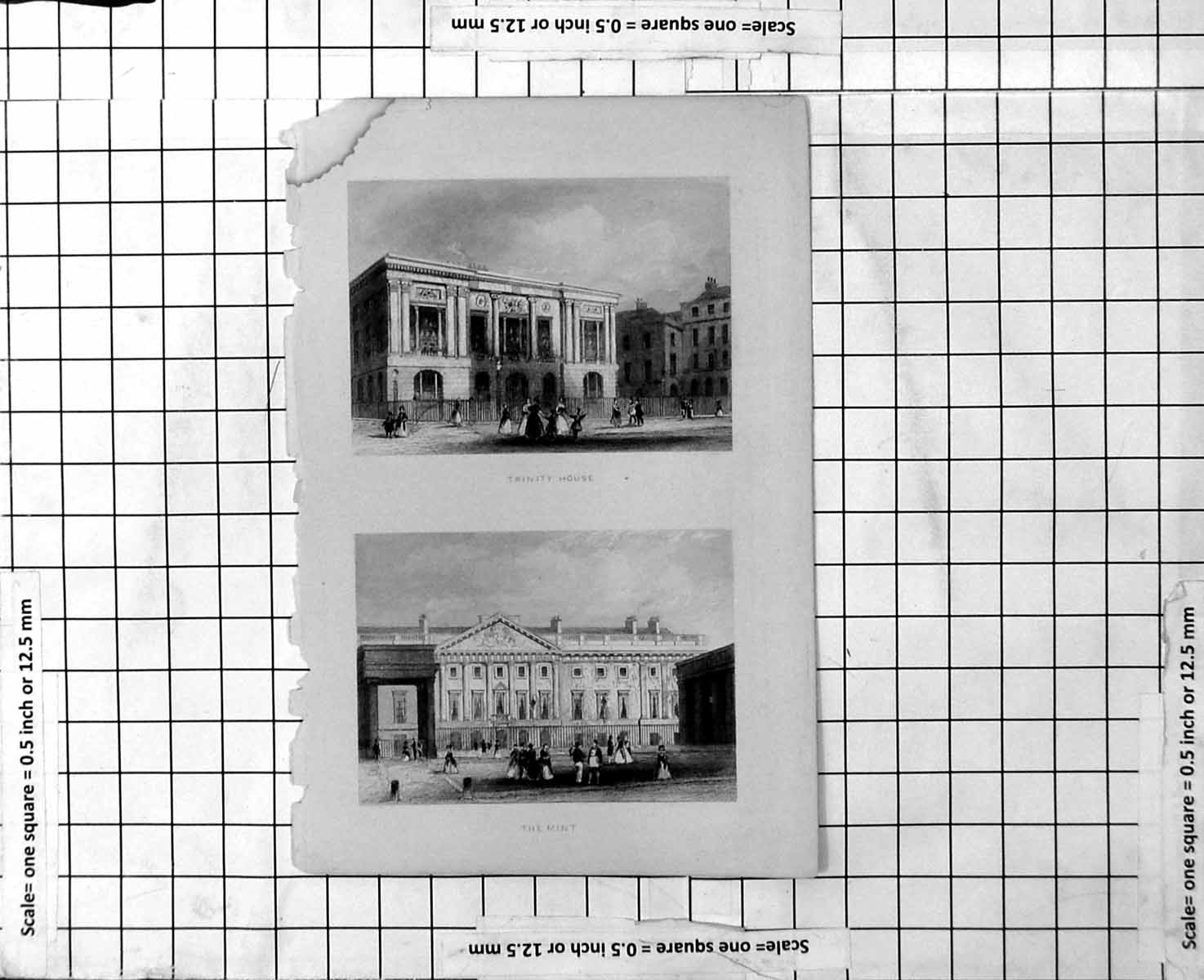 Antique Print Trinity House The Mint External Views People Walking Railings