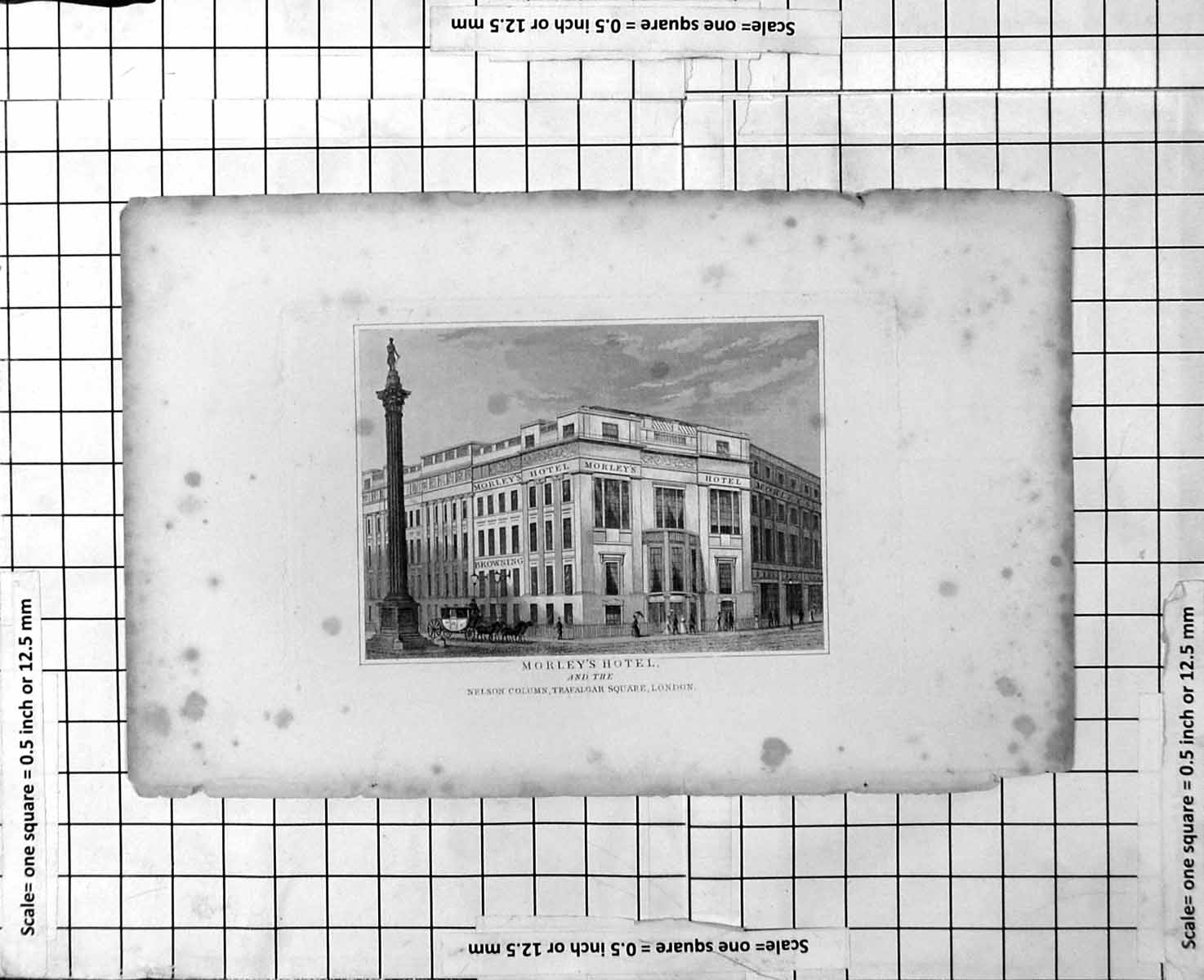 Antique Old Print Morley'S Hotel And Nelson'S Column Trafalgar Square London