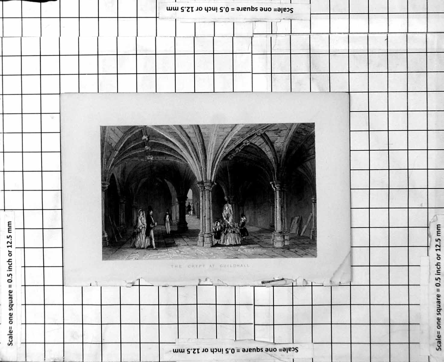 Antique Print The Crypt At Guildhall Interior Vaulted Ceilings Men Top Hats