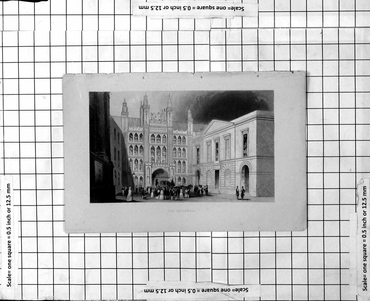 Original Old Antique Print The Guldhall Men Women Tophats Dresses Archways