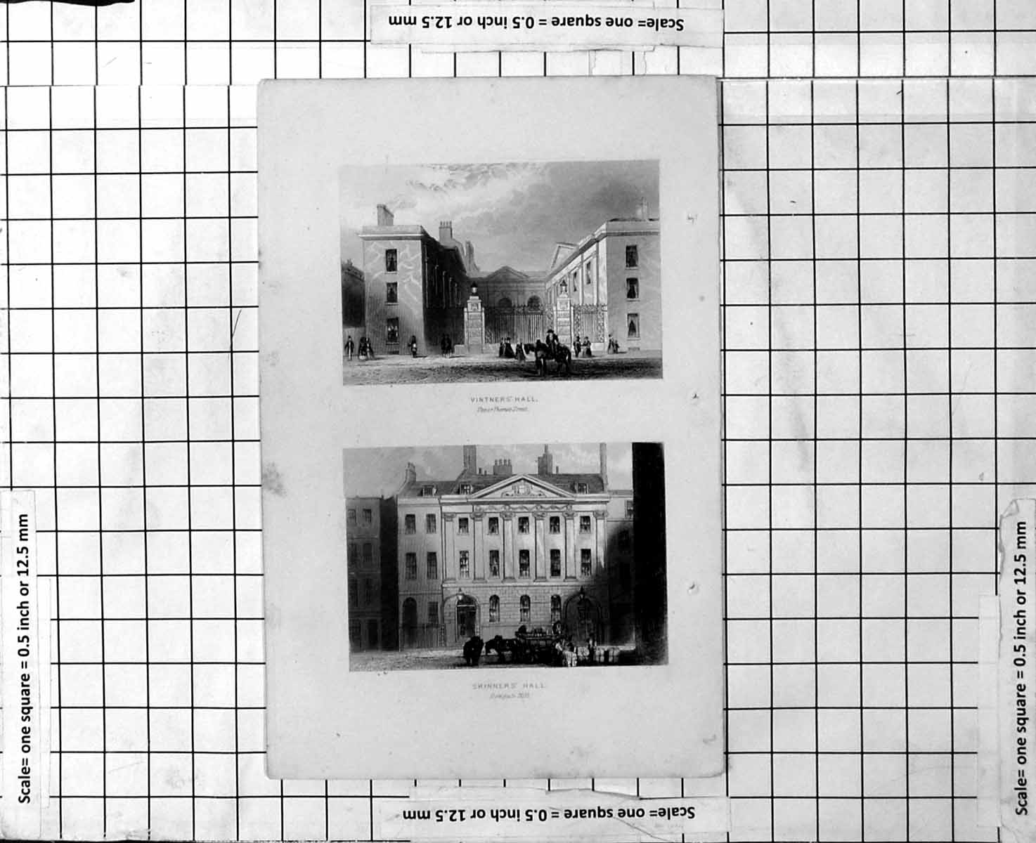 Antique Old Print Vintners Hall Upper Thames St. Skinners Hall Dowgate Hill
