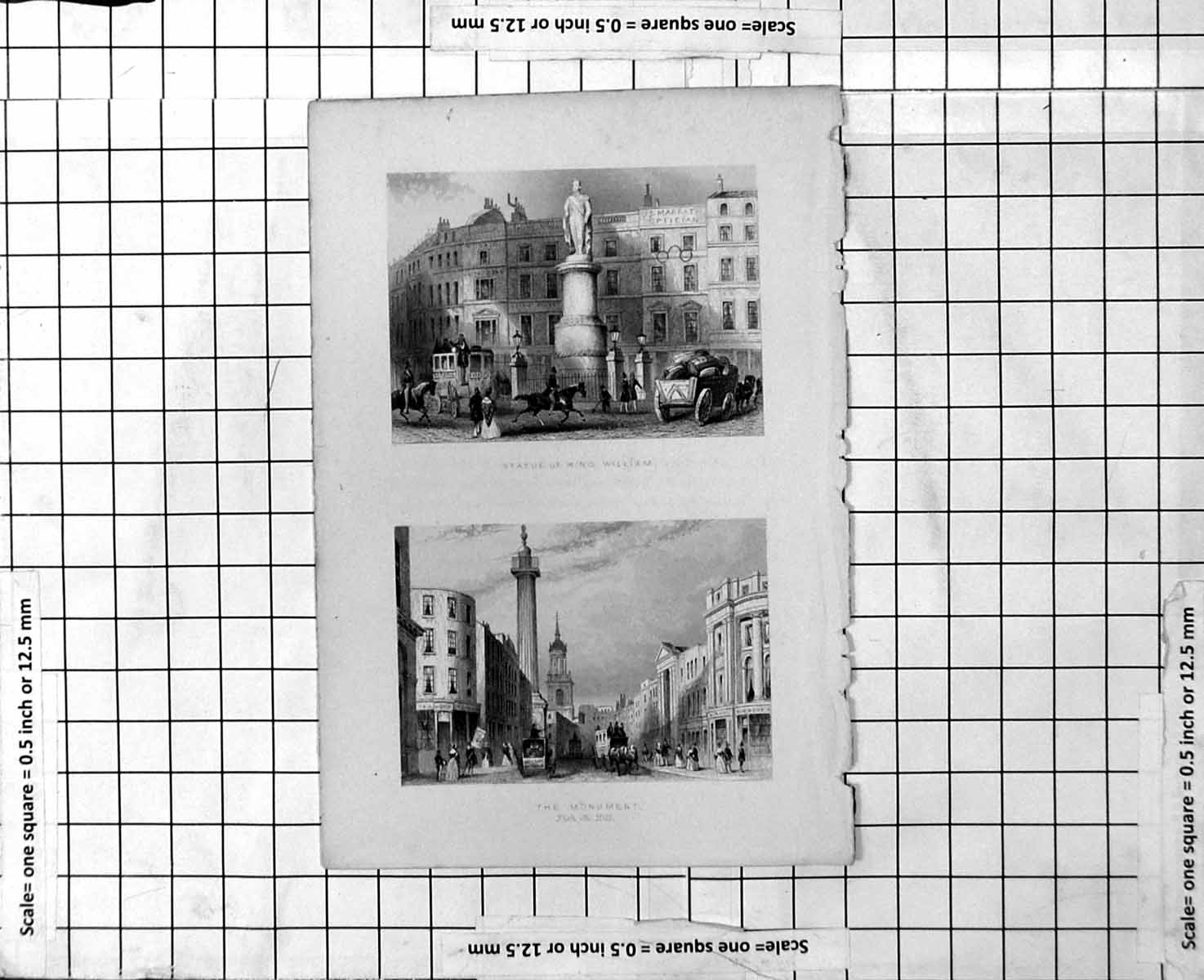 Original Old Antique Print Statue King William The Monument Fish Street Hill
