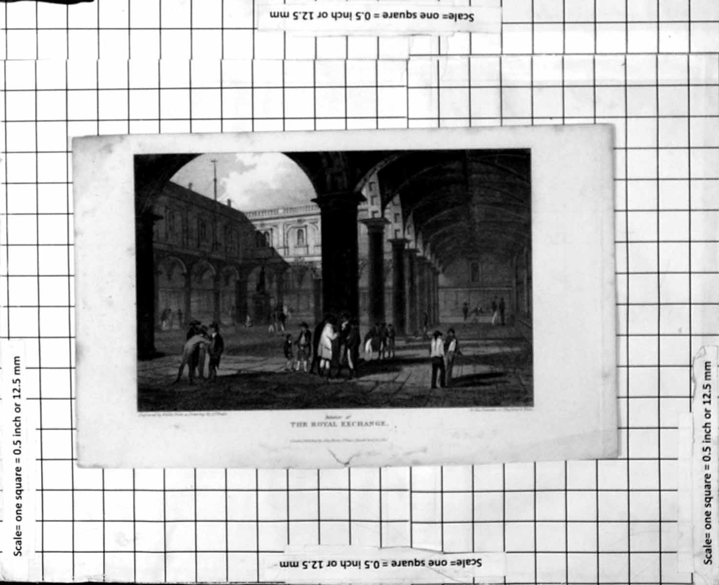 Original Old Antique Print Interior The Royal Exchange Columns People
