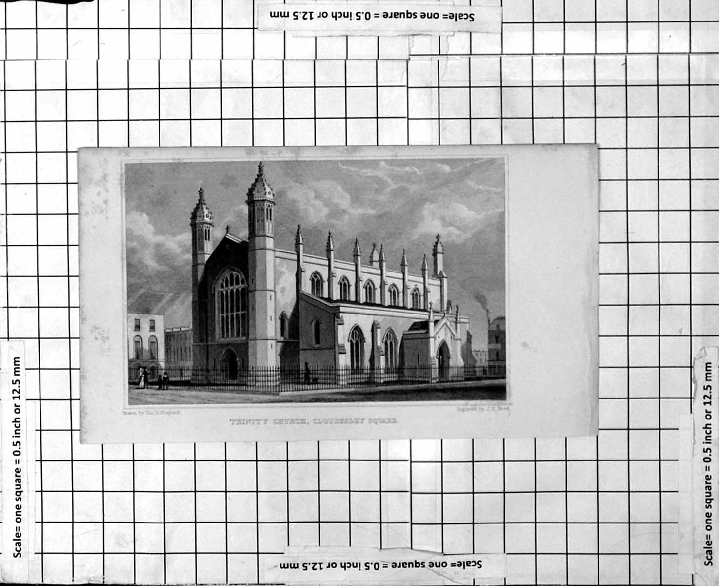 Original Old Antique Print Trinity Church Cloudesley Square 1829 19th Century