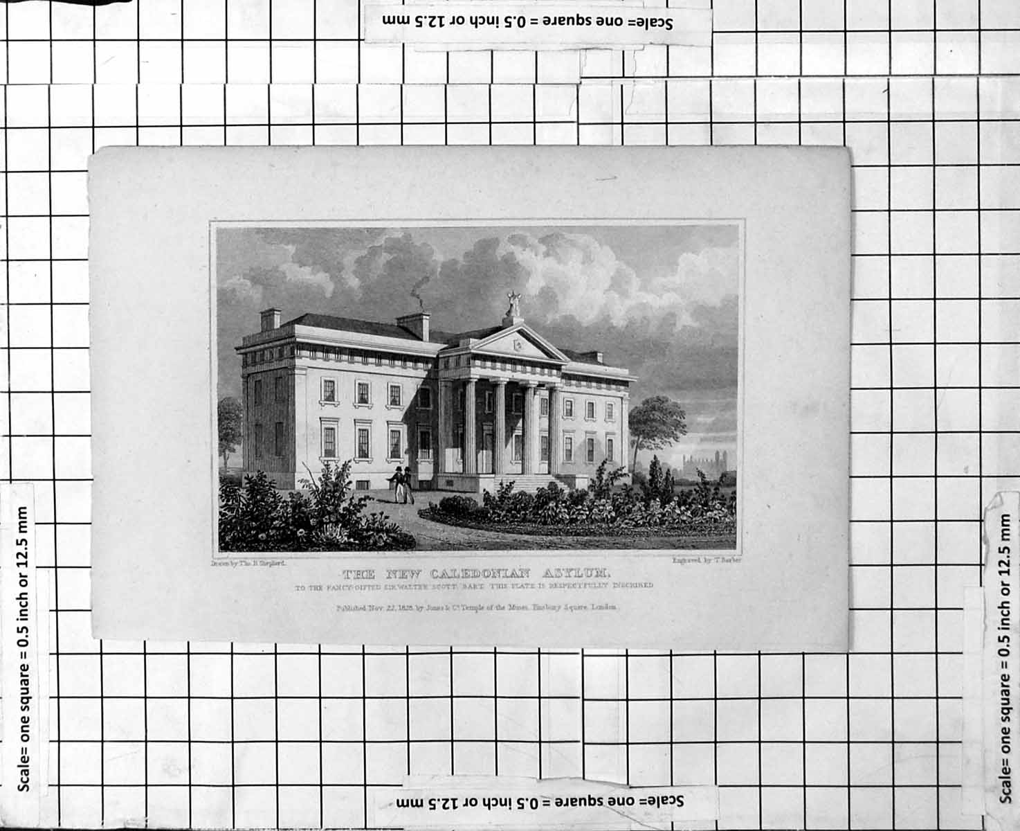 Old Antique Print New Caledonian Asylum Front Exterior View Gardens 1828 19th