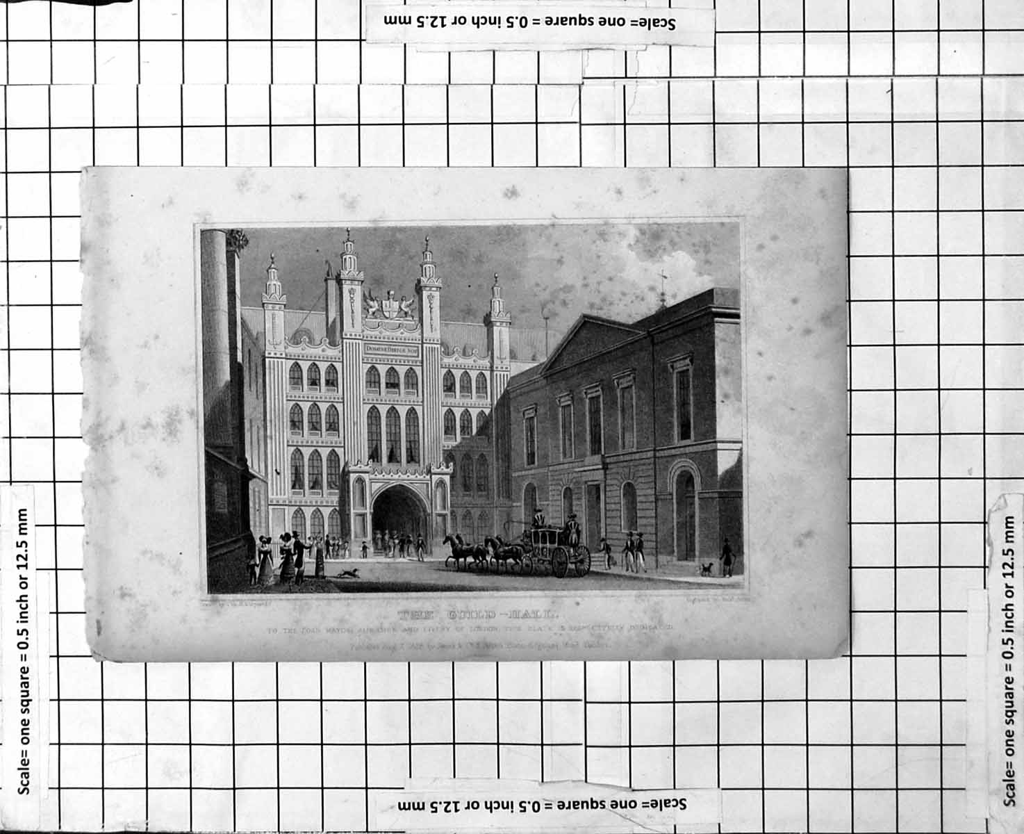 Antique Old Print The Guild-Hall London Horses Carriage Top Hats Tails 1828